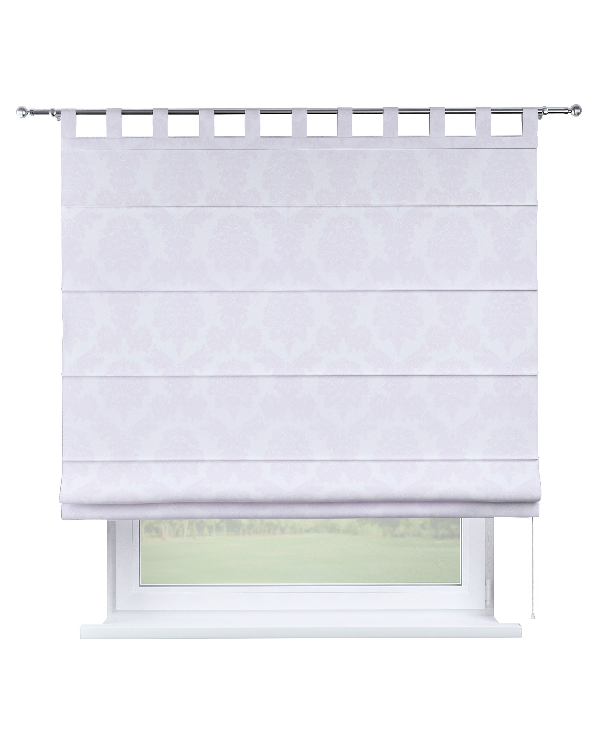 Verona tab top Roman blind colour white fabric gloss, structured, patterned