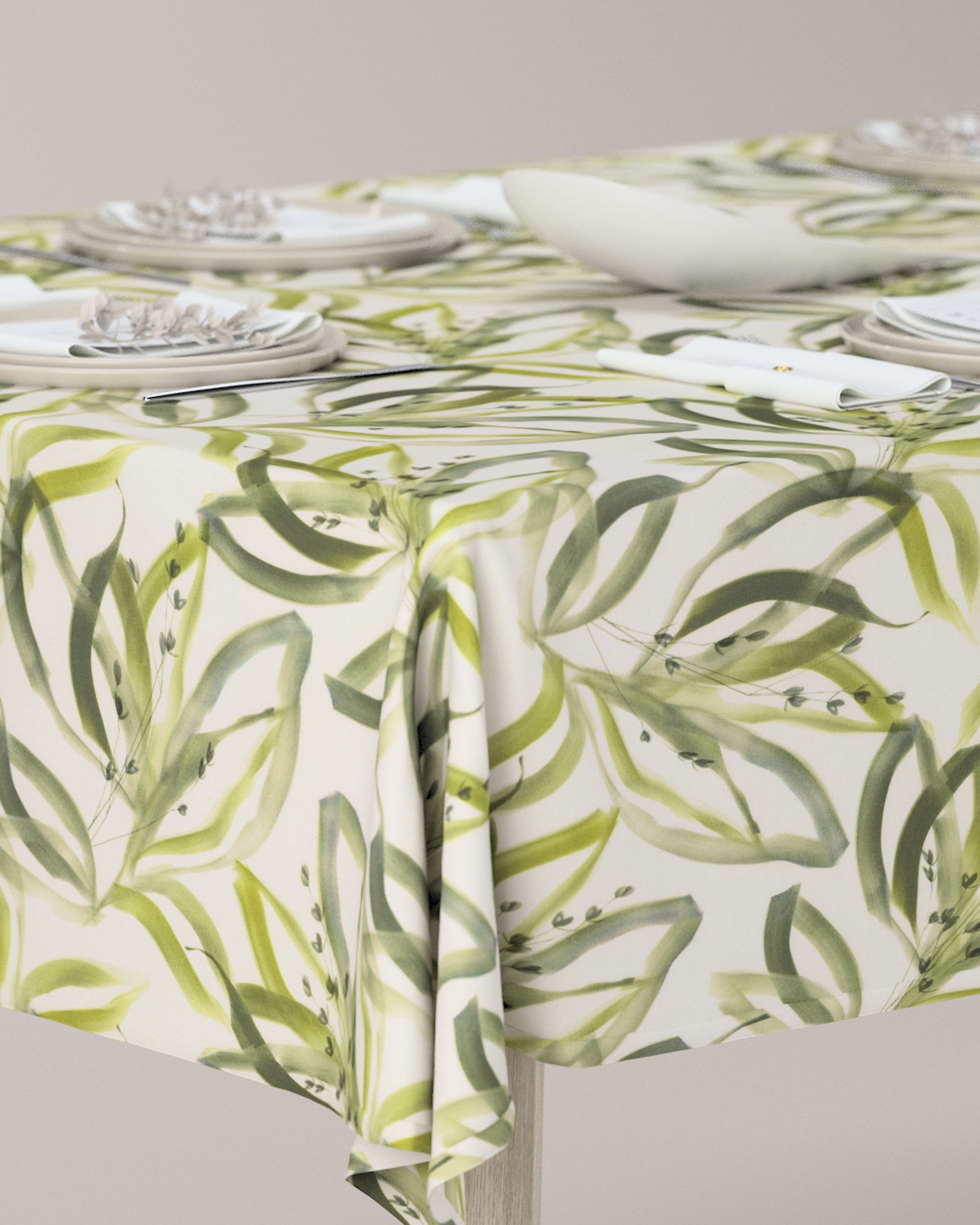 Rectangular tablecloth colour green fabric patterned (hover)