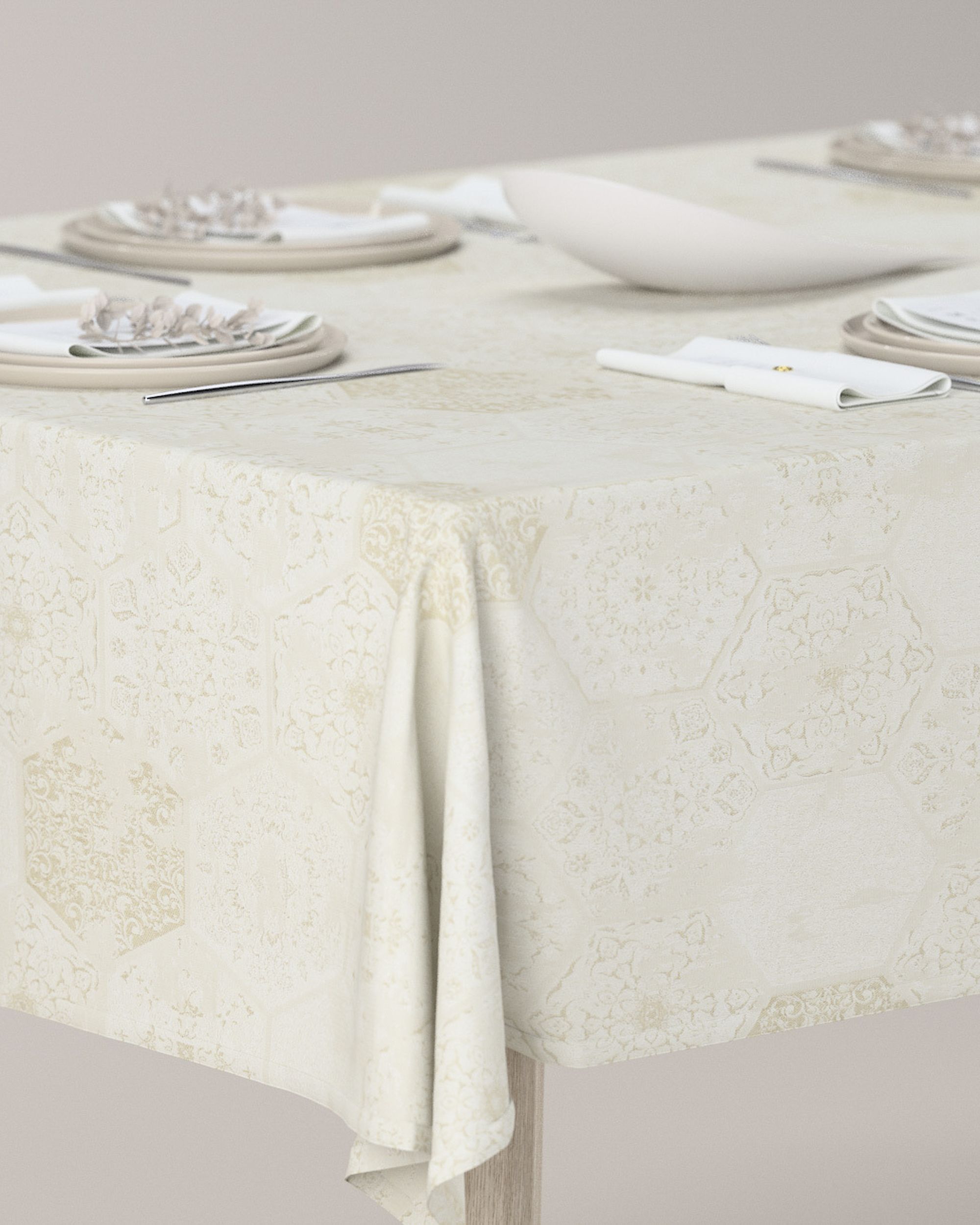 Rectangular tablecloth colour cream fabric gloss, structured, patterned (hover)