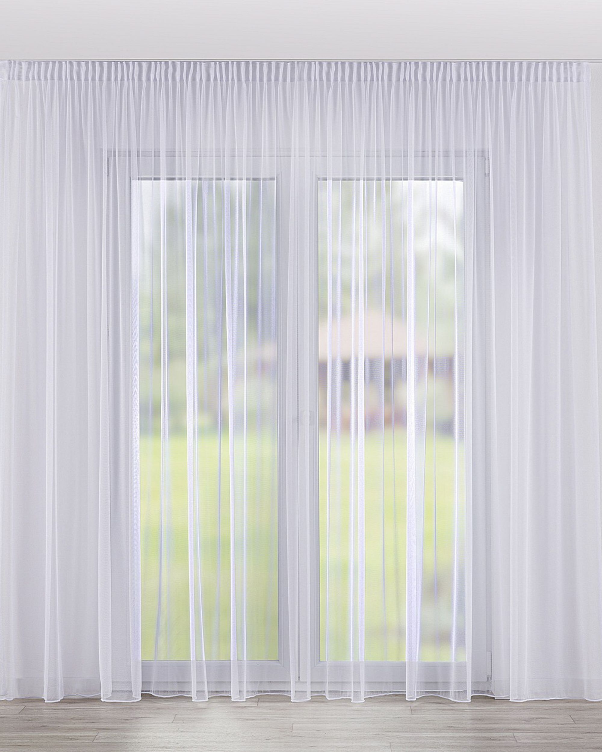 Pencil pleat voile/net curtain colour white fabric semi-sheer, gloss, structured