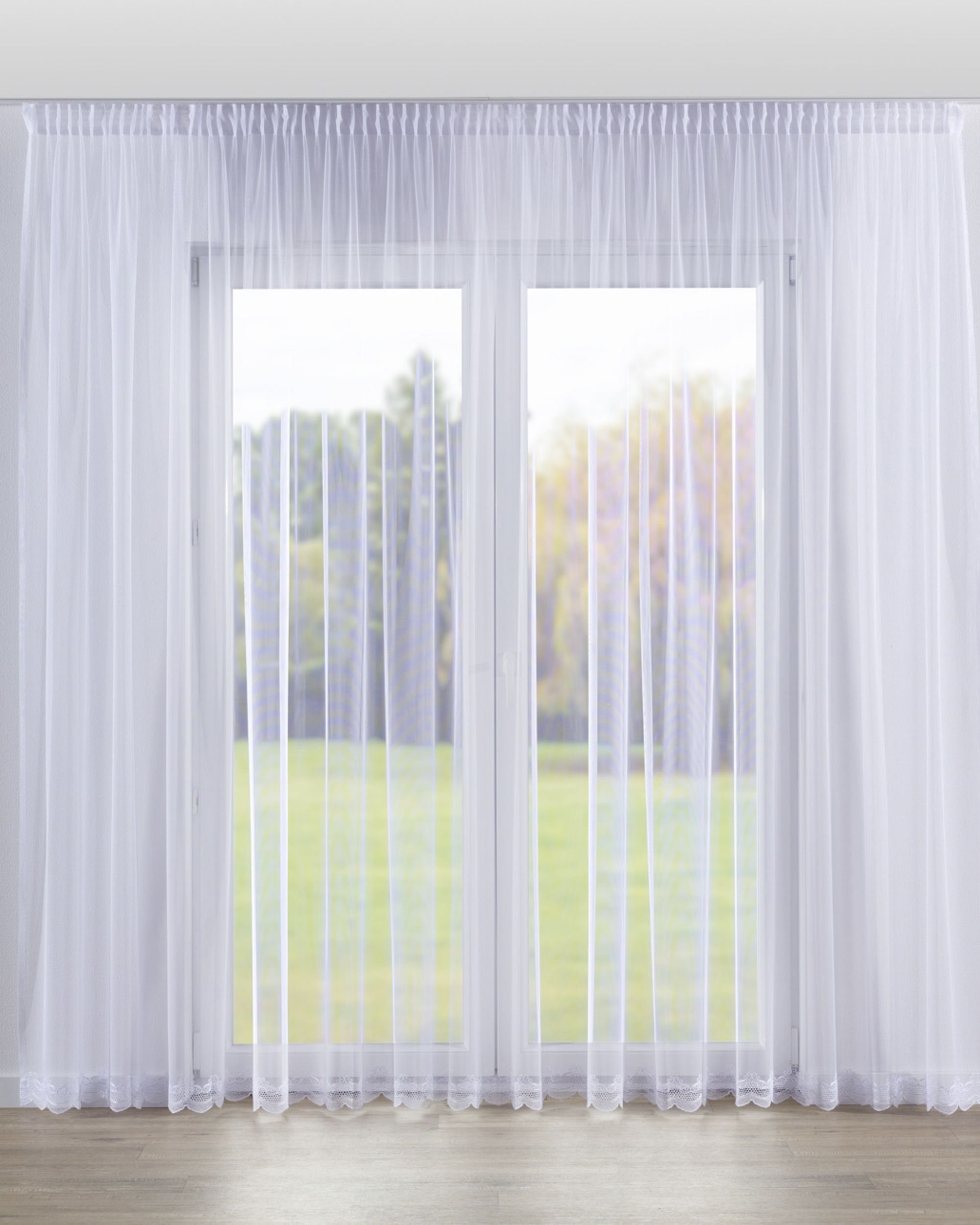 Pencil pleat voile/net curtain colour white fabric semi-sheer, structured, patterned