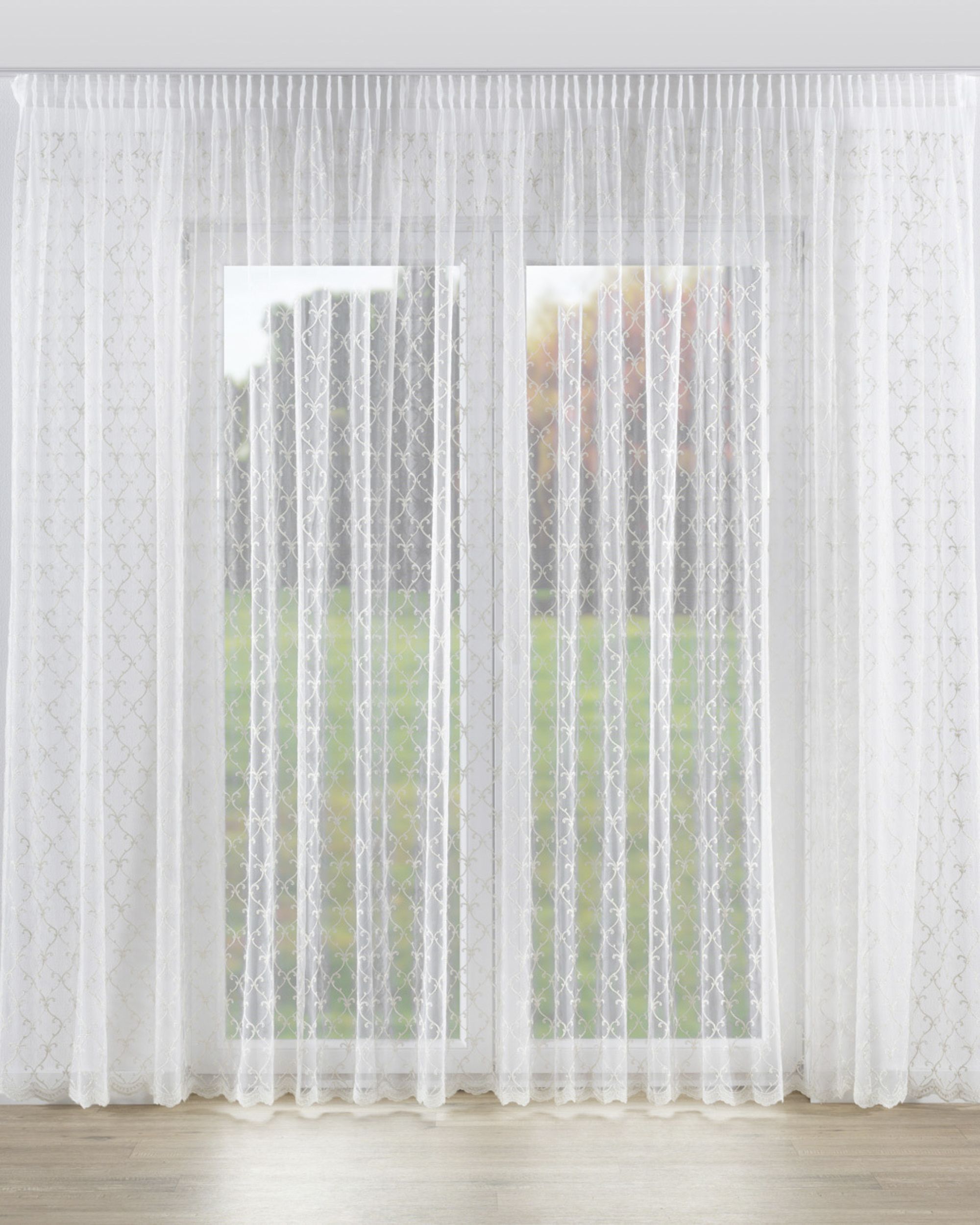 Pencil pleat voile/net curtain colour cream fabric semi-sheer, gloss, structured, patterned