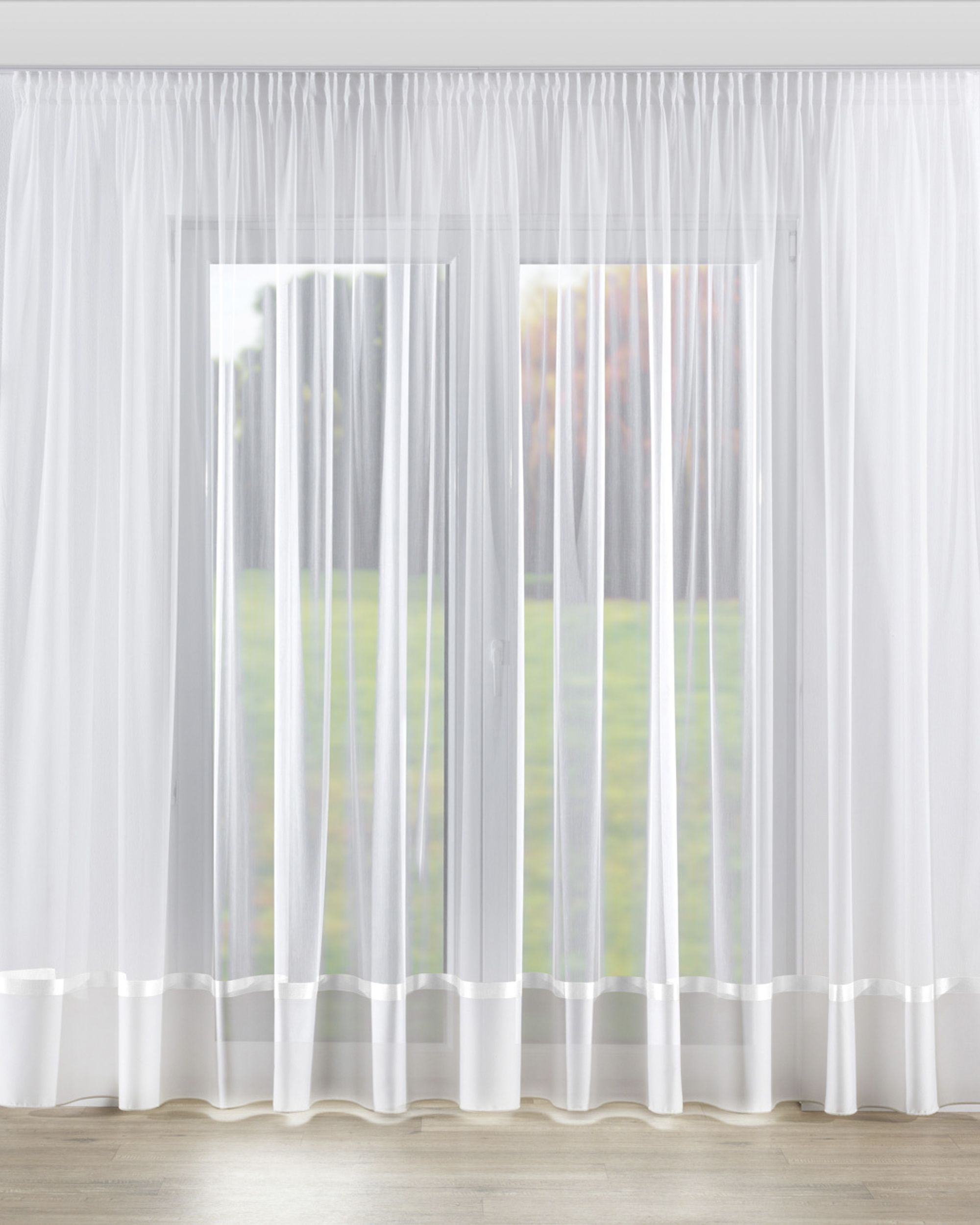 Pencil pleat voile/net curtain colour white fabric semi-sheer