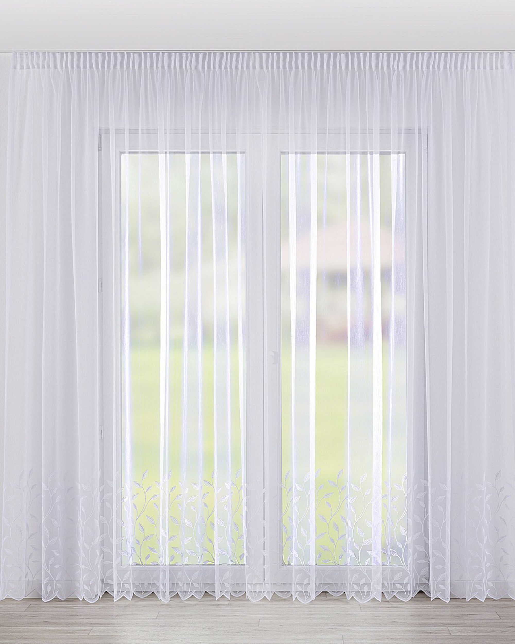 Pencil pleat voile/net curtain colour white fabric semi-sheer, structured, patterned