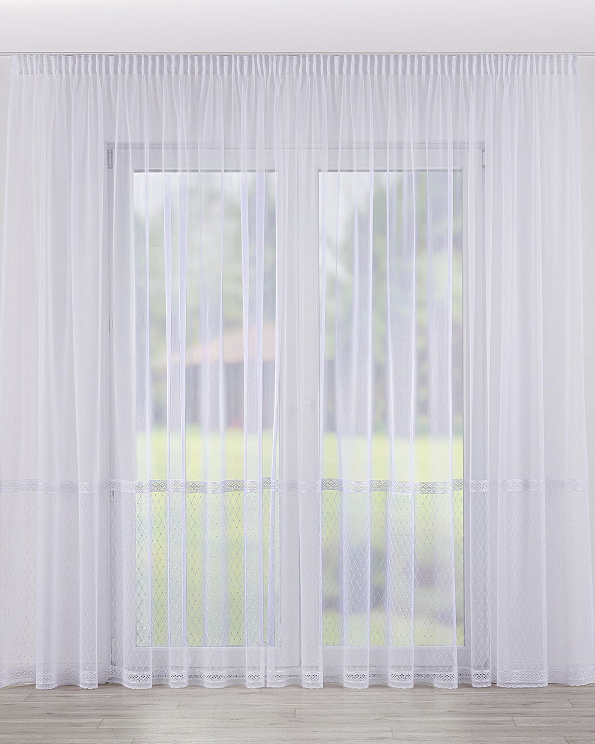 Pencil pleat voile/net curtain colour white fabric semi-sheer, structured, patterned