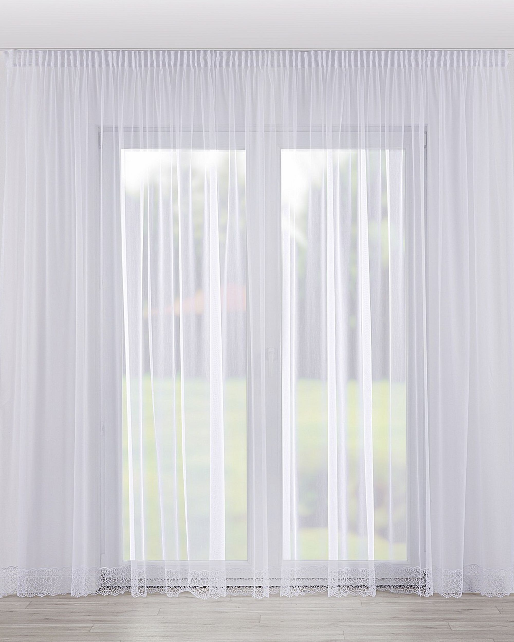 Pencil pleat voile/net curtain colour white fabric semi-sheer, structured, patterned
