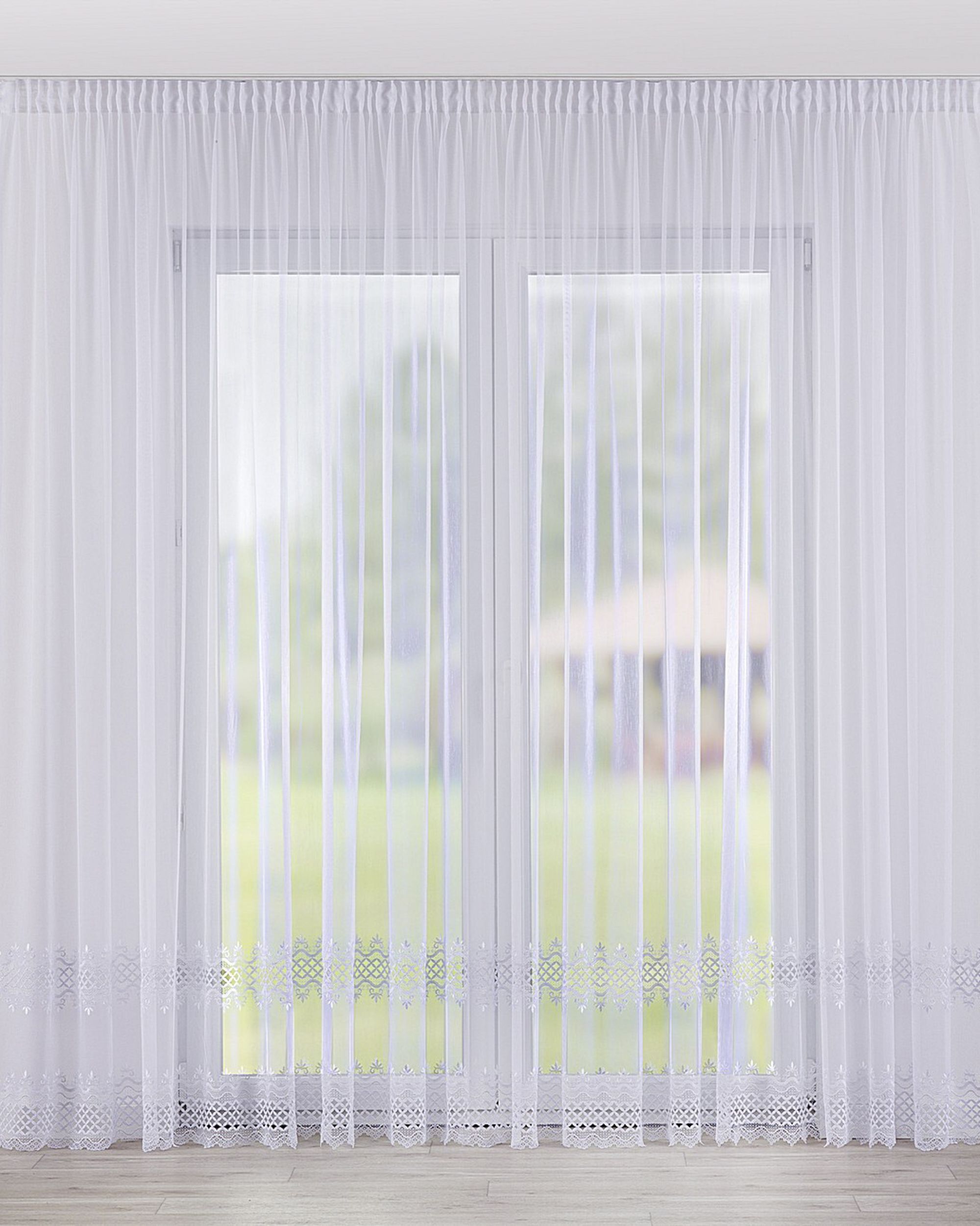 Pencil pleat voile/net curtain colour white fabric semi-sheer, structured, patterned