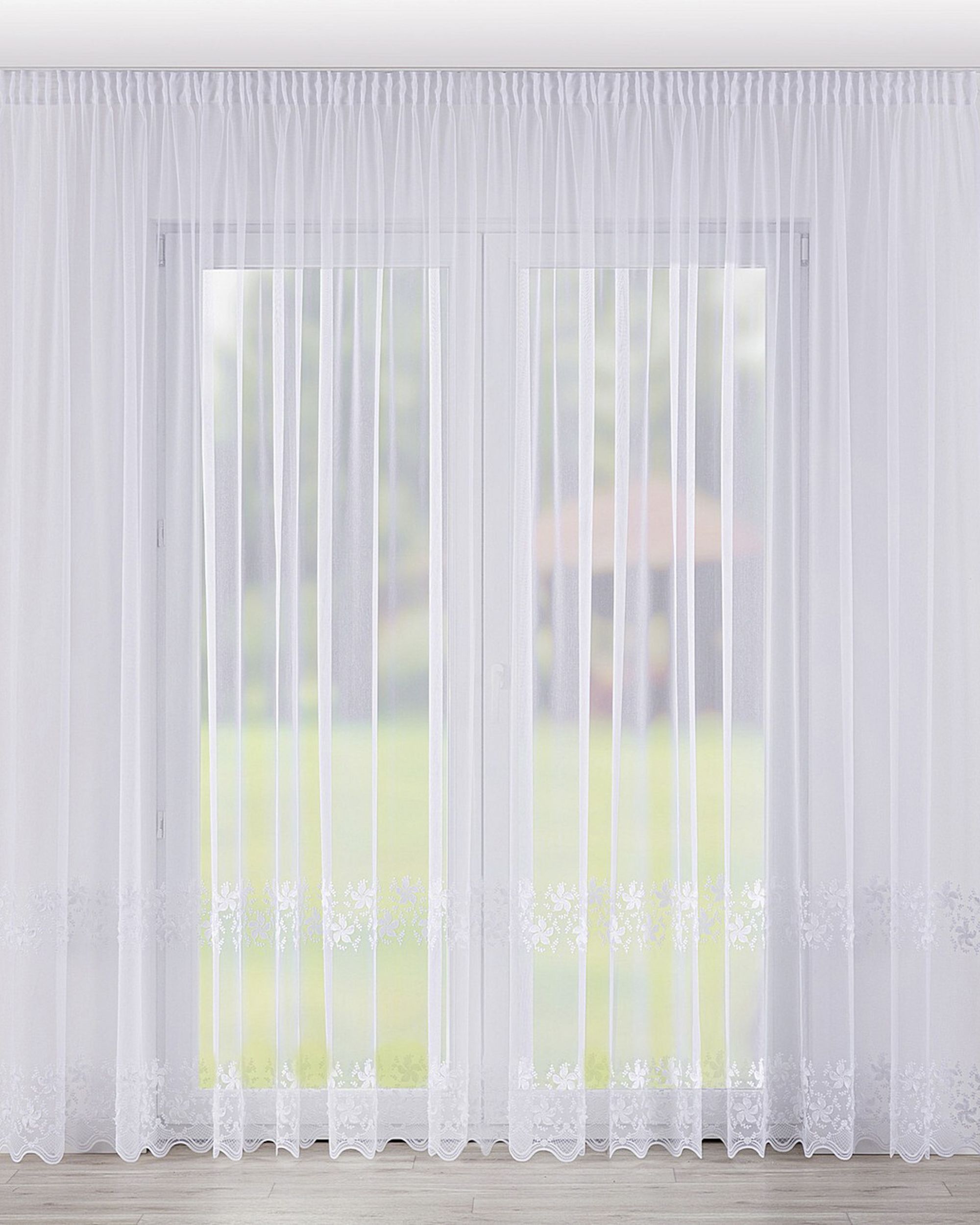 Pencil pleat voile/net curtain colour white fabric semi-sheer, structured, patterned
