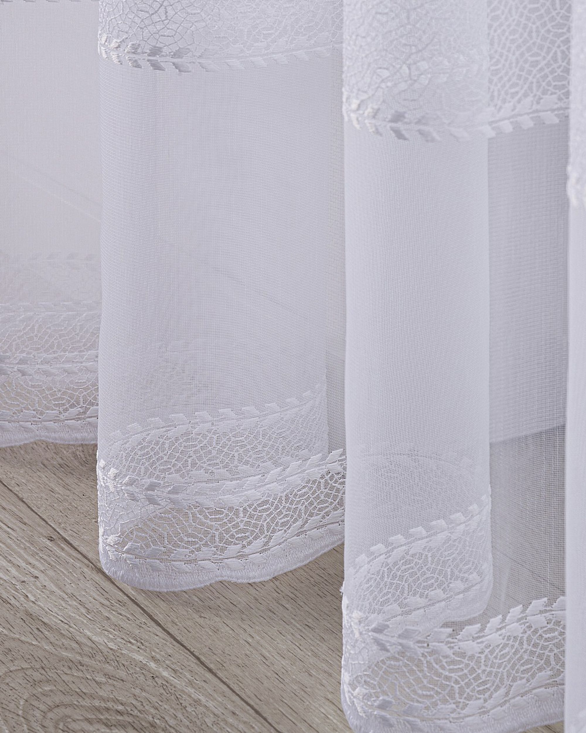 Pencil pleat voile/net curtain colour white fabric semi-sheer, structured, patterned (hover)
