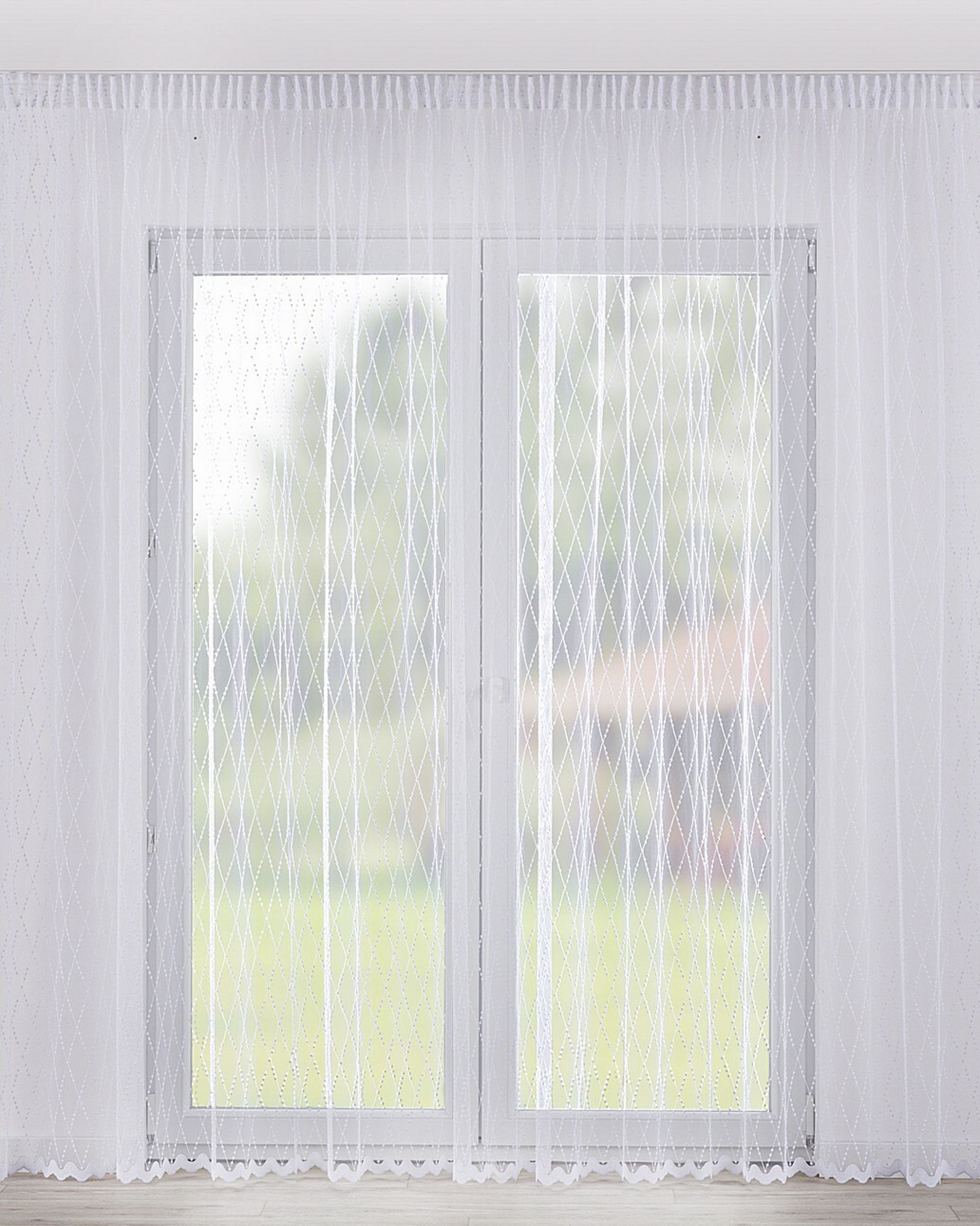 Pencil pleat voile/net curtain colour white fabric semi-sheer, structured, patterned