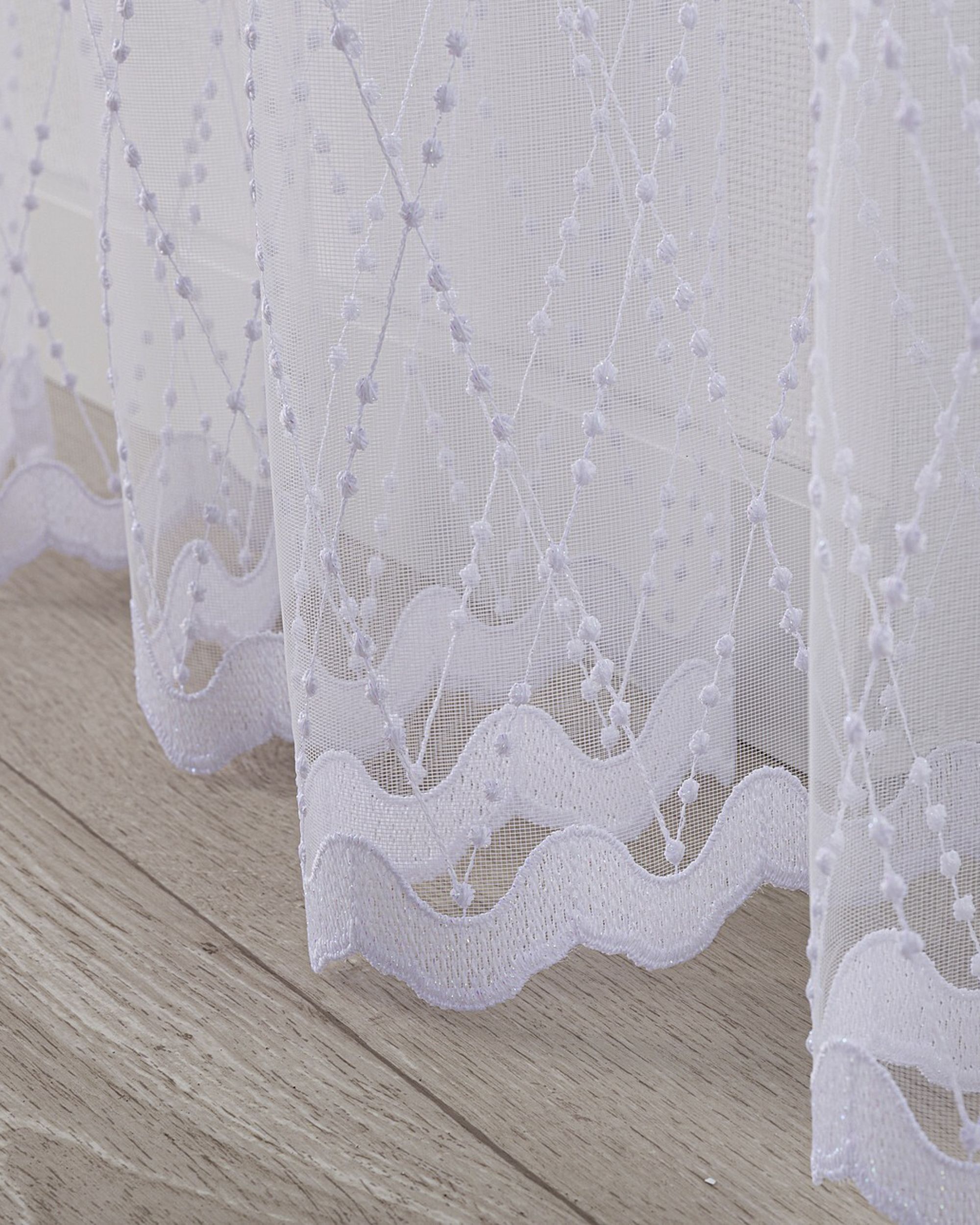 Pencil pleat voile/net curtain colour white fabric semi-sheer, structured, patterned (hover)