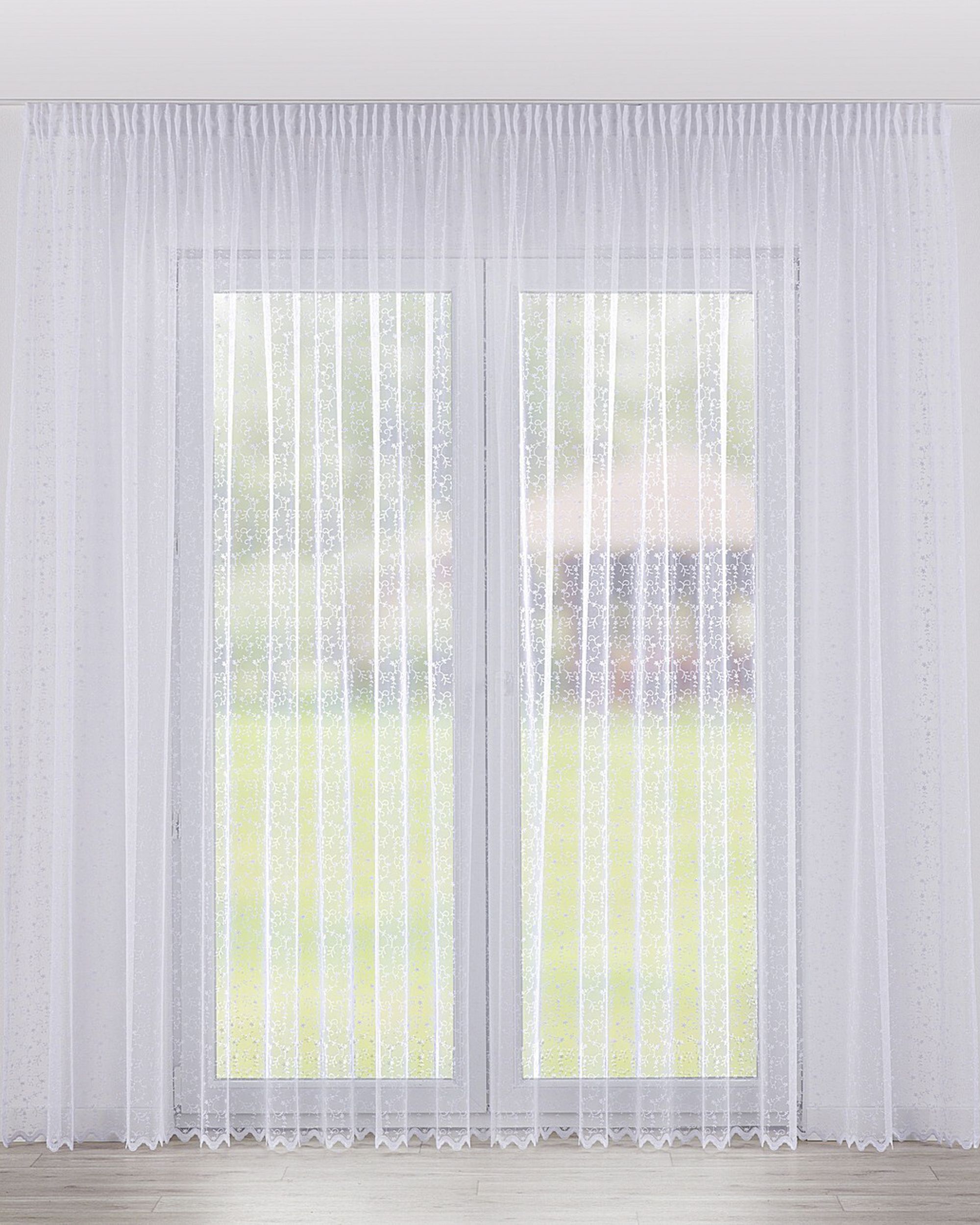 Pencil pleat voile/net curtain colour white fabric semi-sheer, structured, patterned