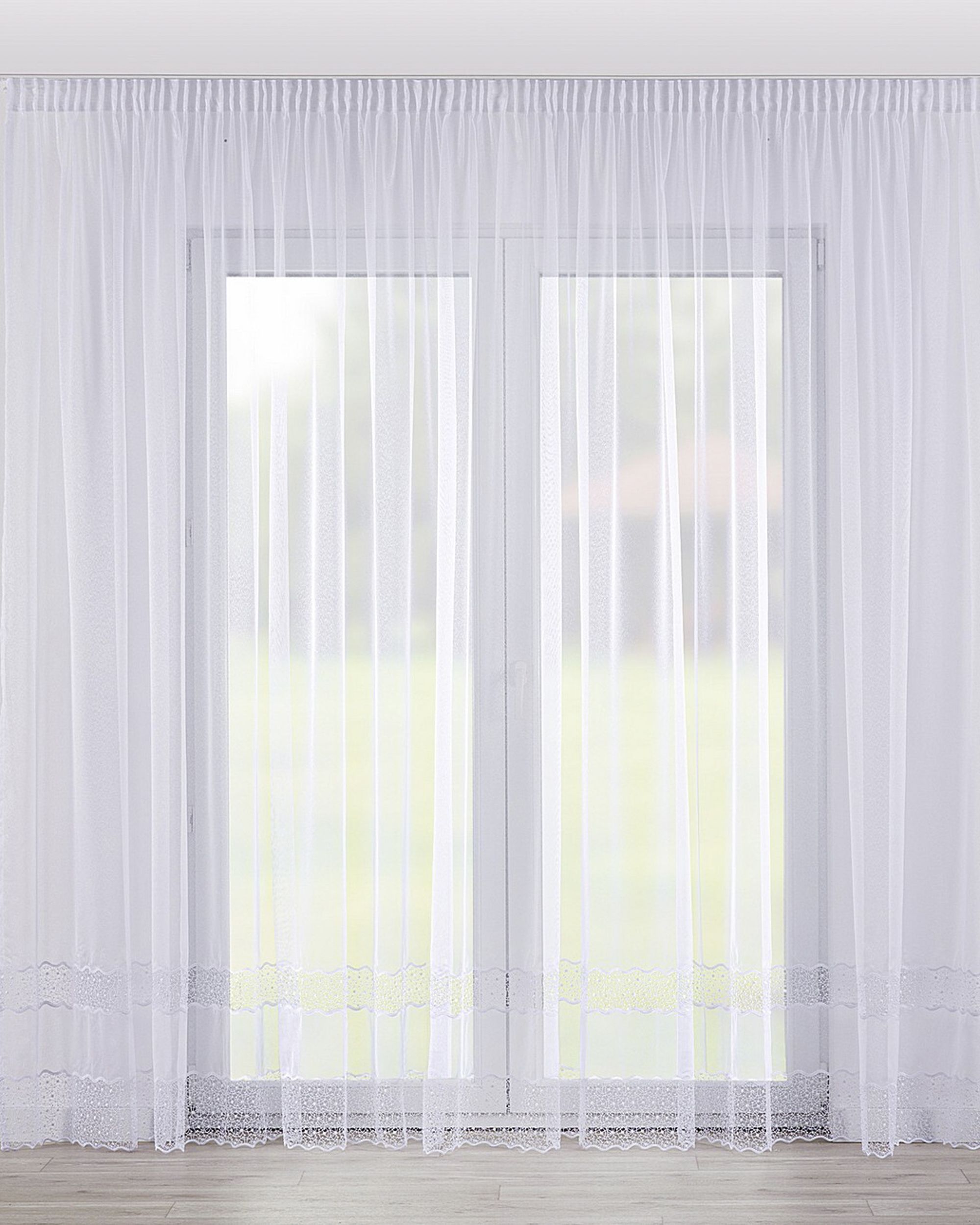 Pencil pleat voile/net curtain colour white fabric semi-sheer, structured, patterned