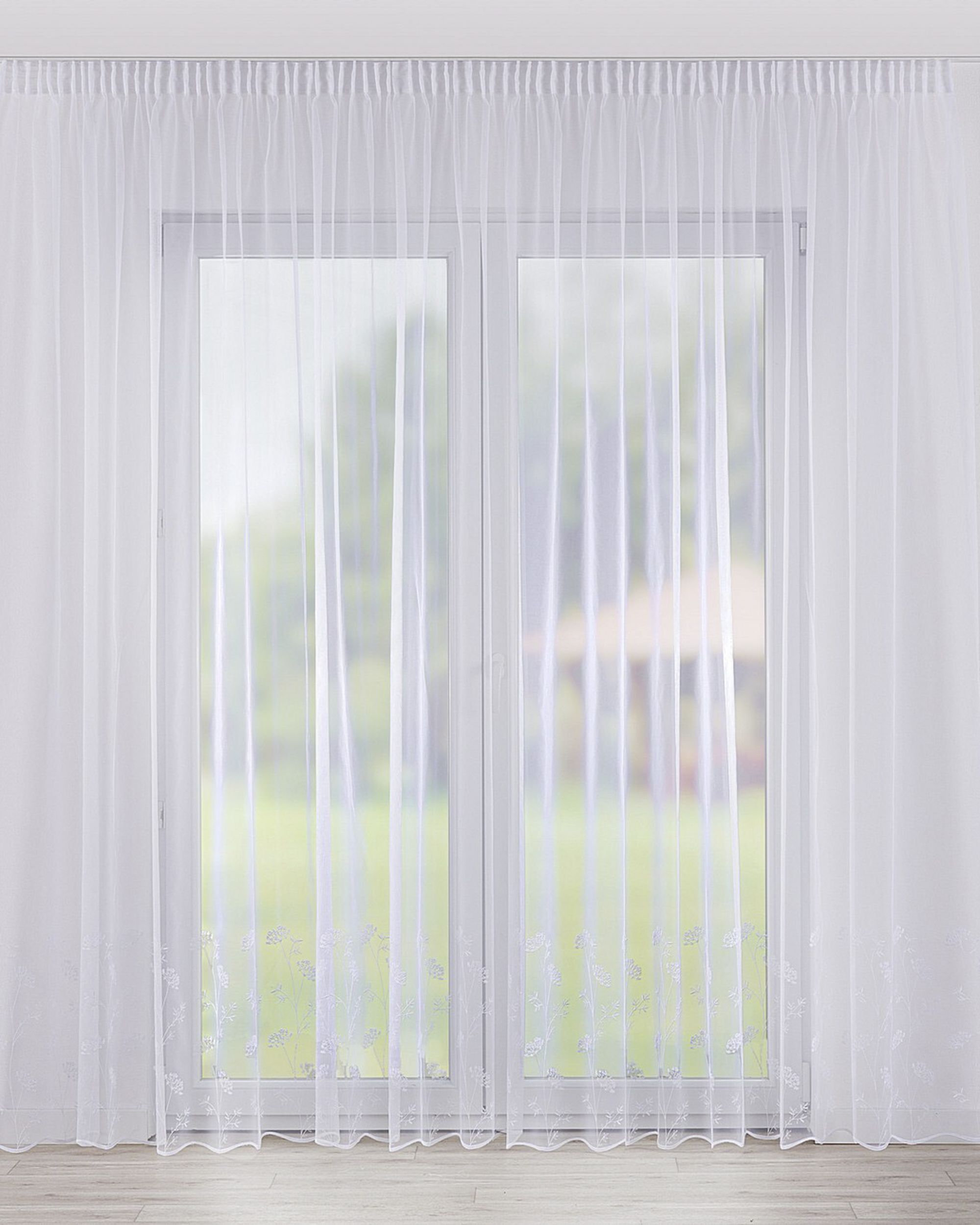 Pencil pleat voile/net curtain colour white fabric semi-sheer, structured, patterned