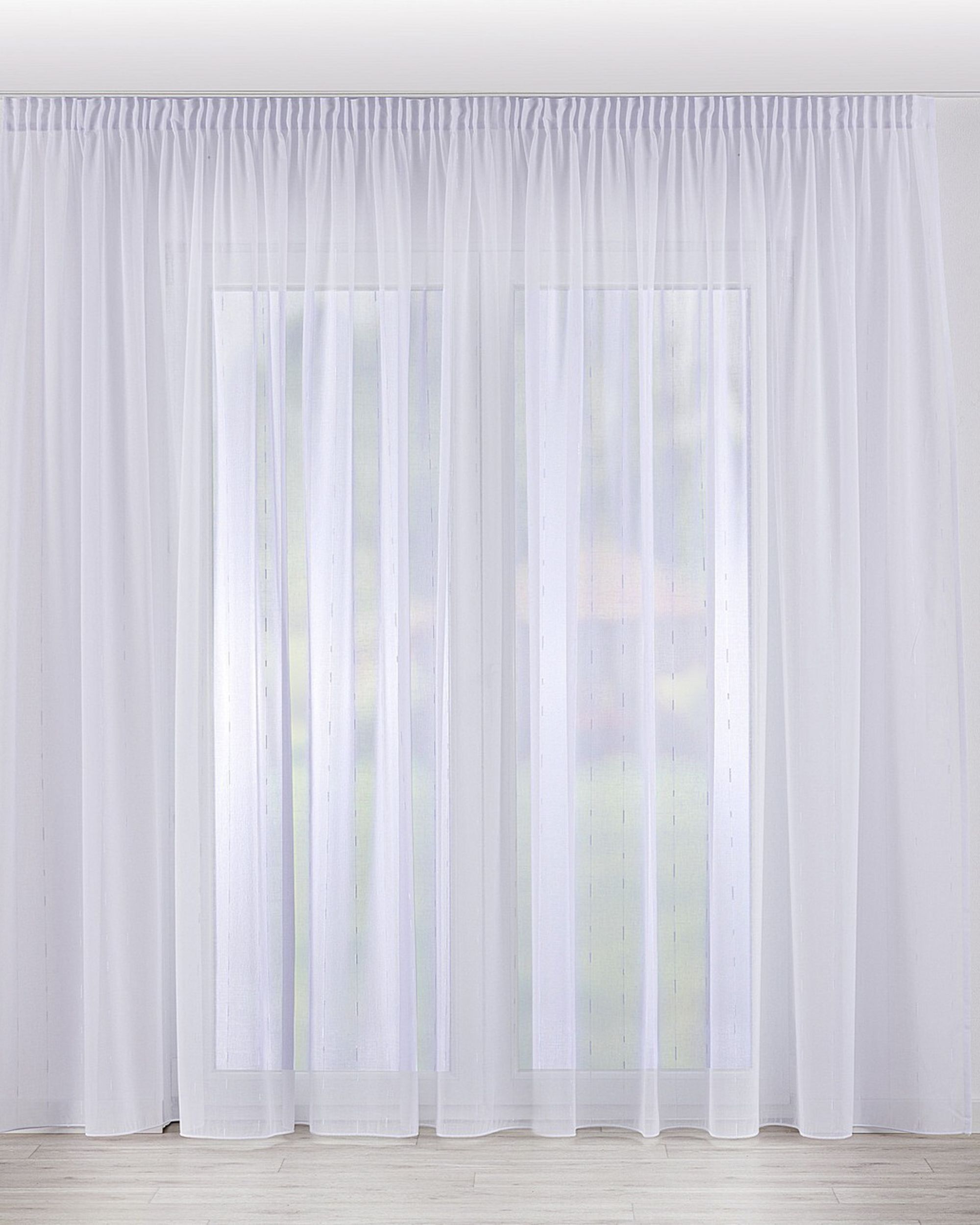 Pencil pleat voile/net curtain colour white fabric semi-sheer, structured, patterned
