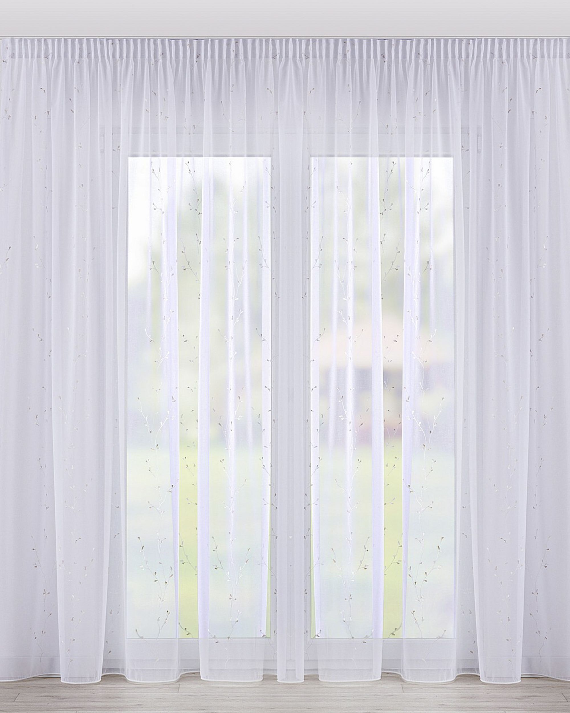Pencil pleat voile/net curtain colour white fabric semi-sheer, structured, patterned