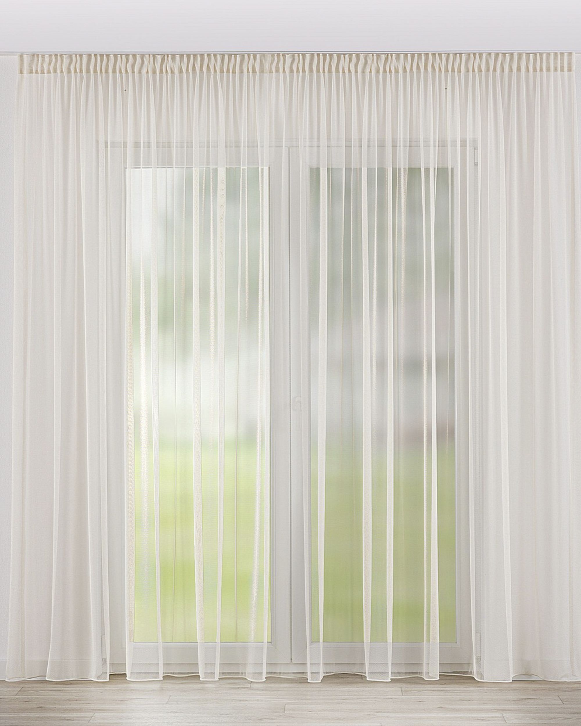 Pencil pleat voile/net curtain colour gold fabric semi-sheer, gloss, structured