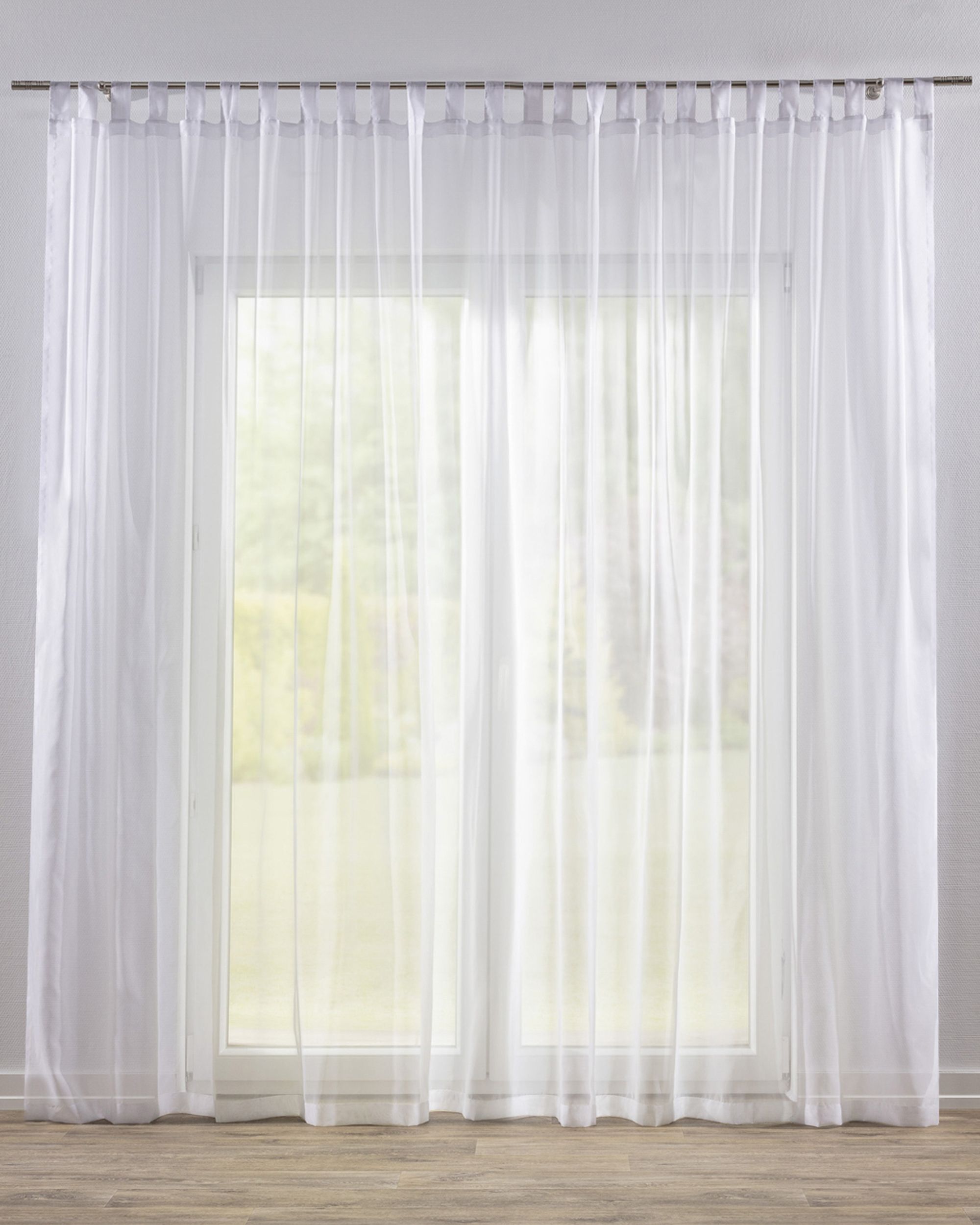 Tab top voile/net curtains colour white fabric semi-sheer, gloss