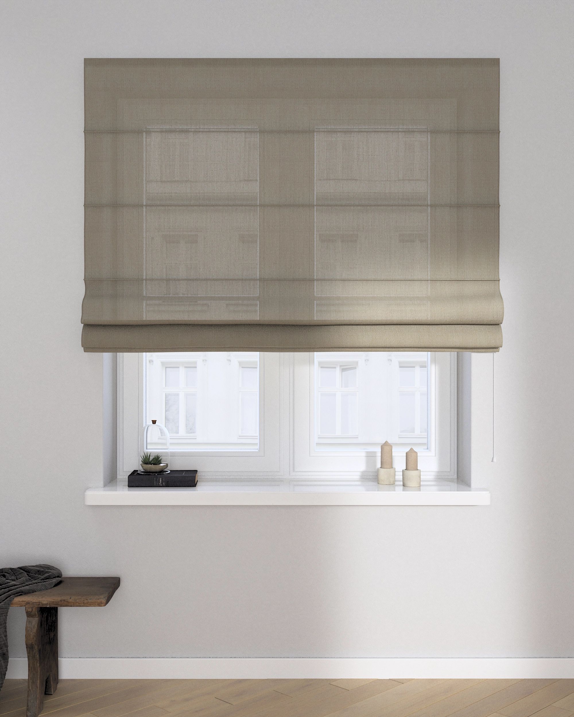 Capri Roman blind colour beige fabric semi-sheer, gloss, structured
