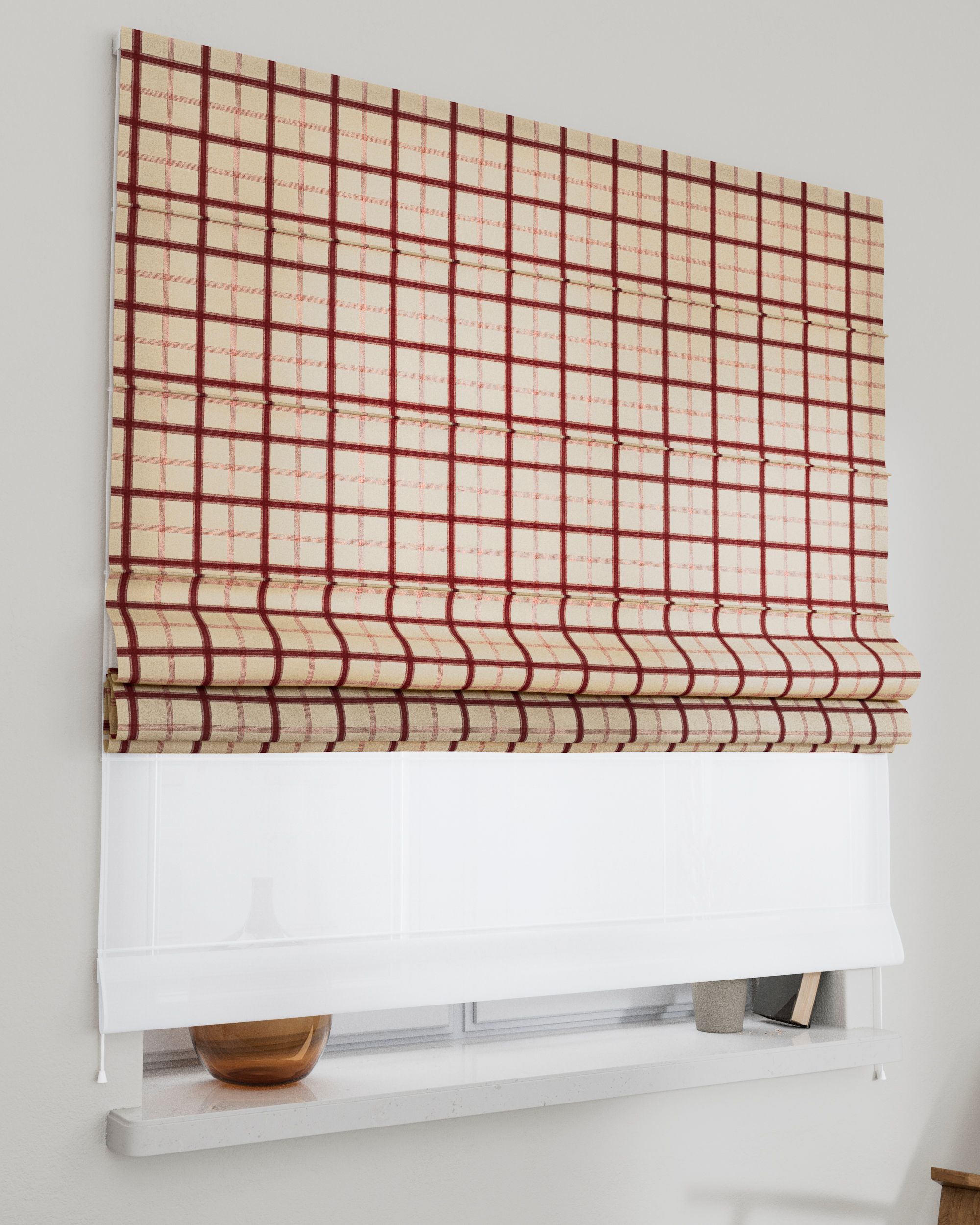 Double layered Roman blind DUO colour red fabric patterned