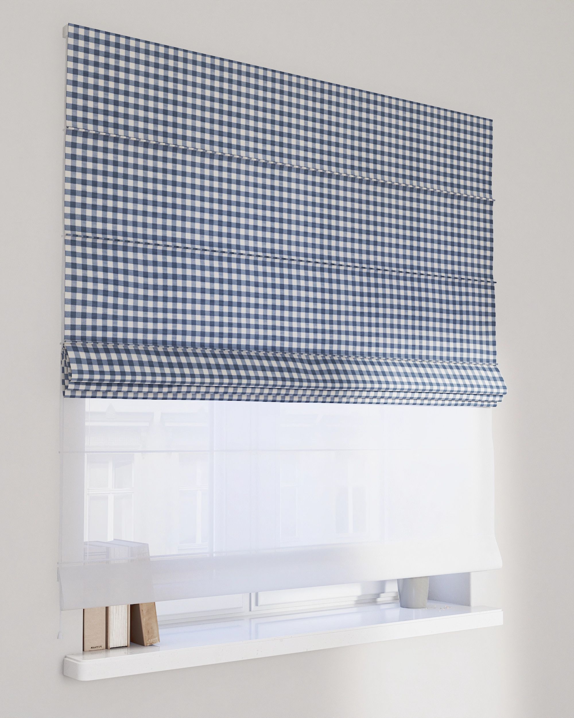 Double layered Roman blind DUO colour navy blue fabric patterned