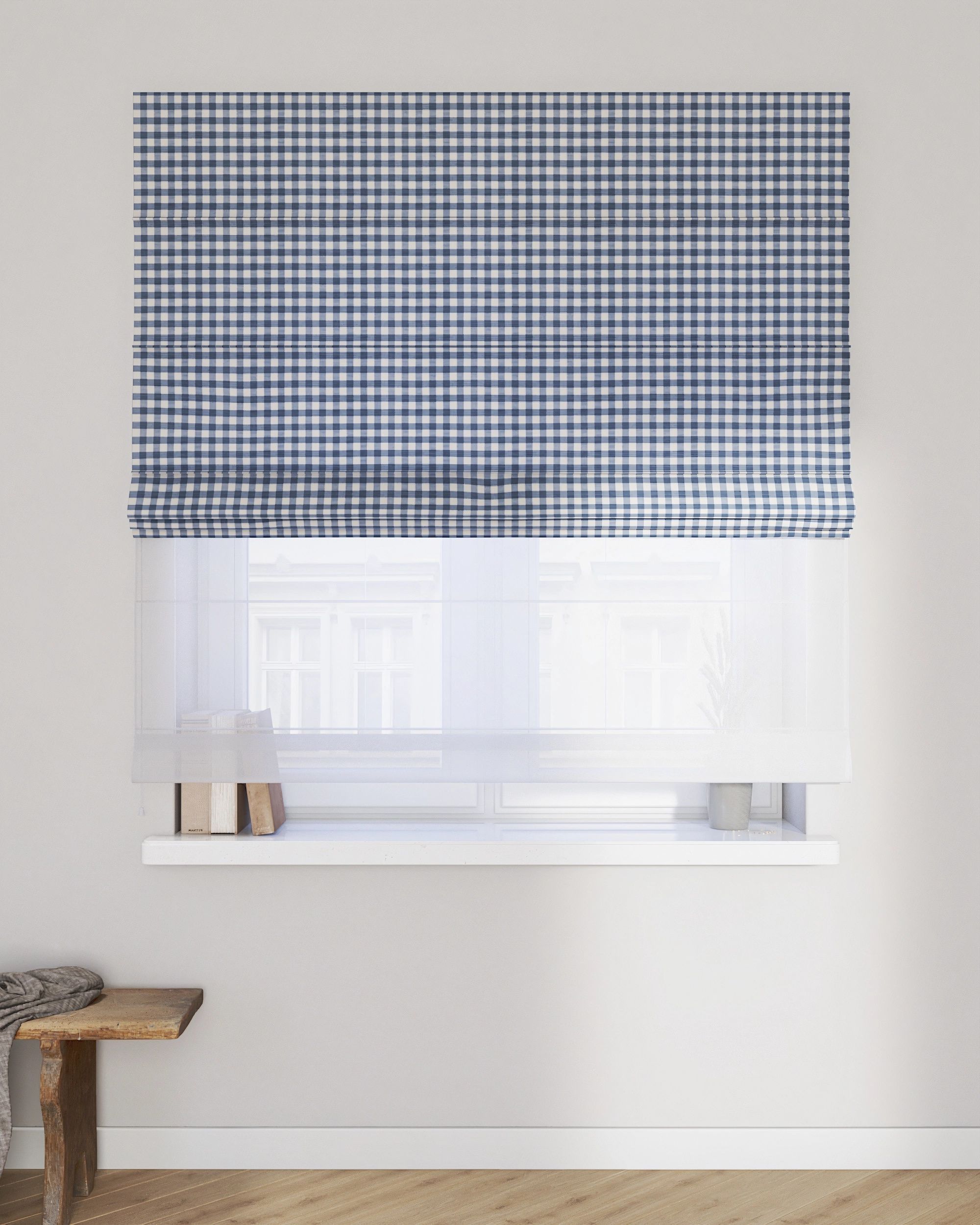 Double layered Roman blind DUO colour navy blue fabric patterned (hover)