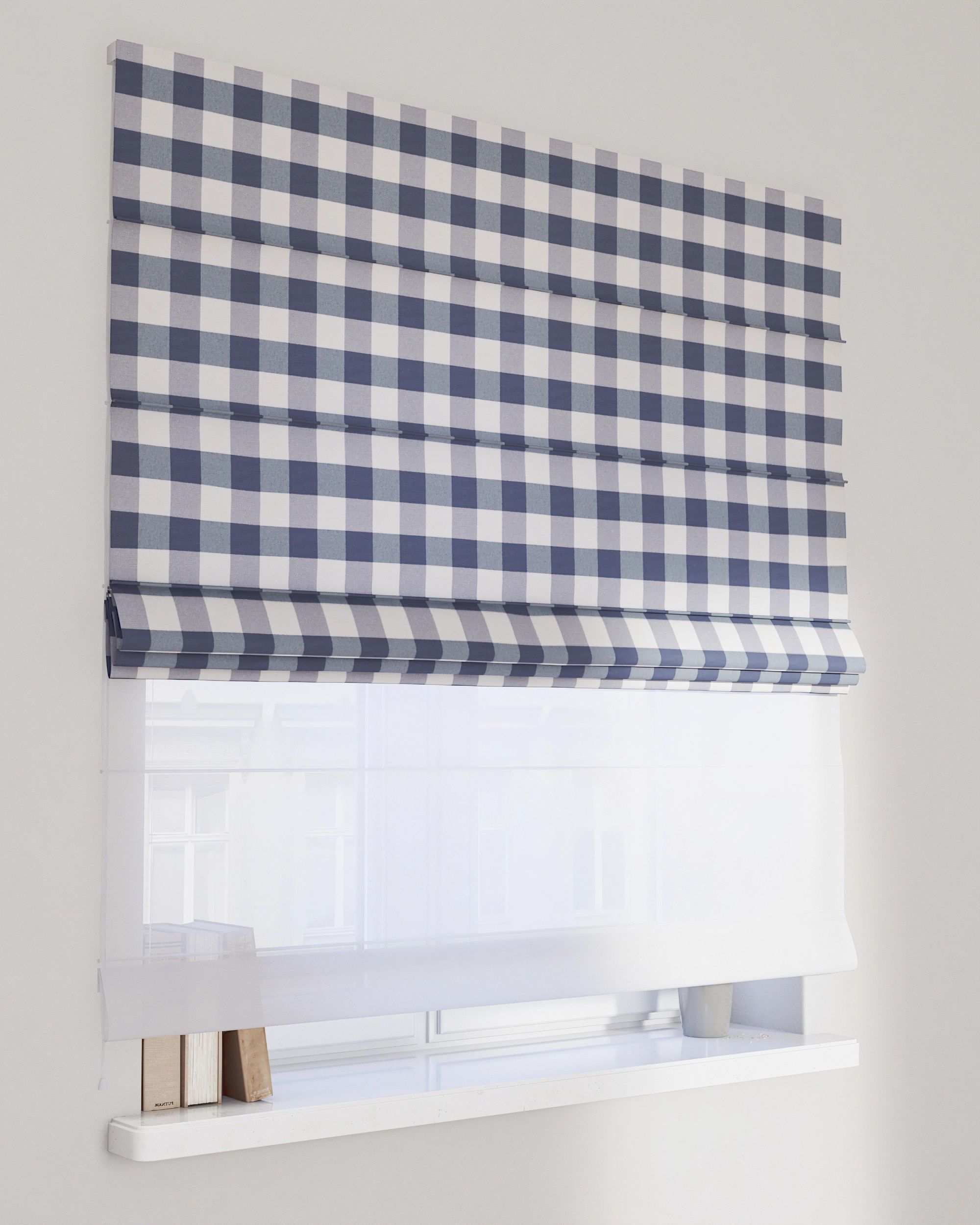 Double layered Roman blind DUO colour navy blue fabric patterned