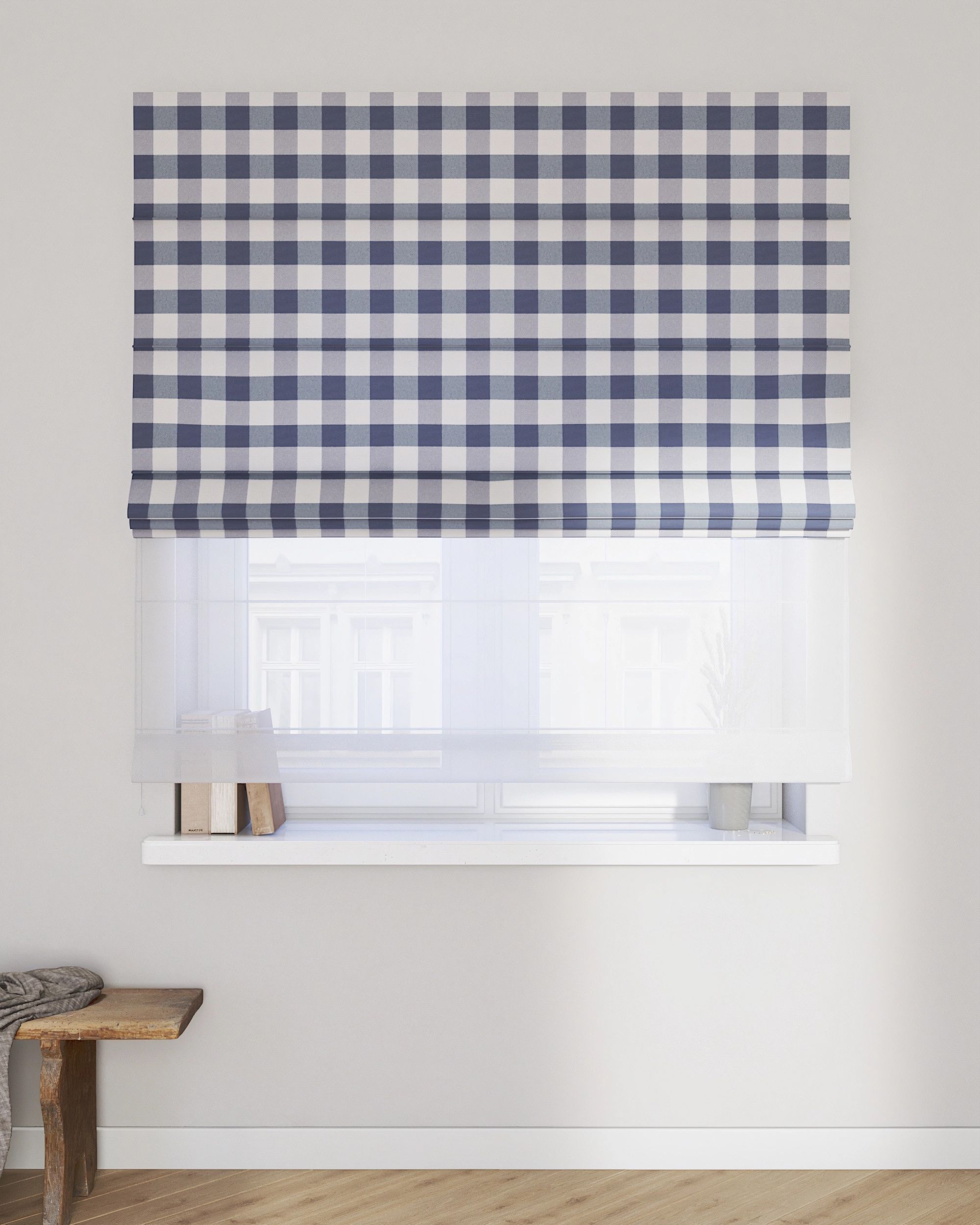 Double layered Roman blind DUO colour navy blue fabric patterned (hover)