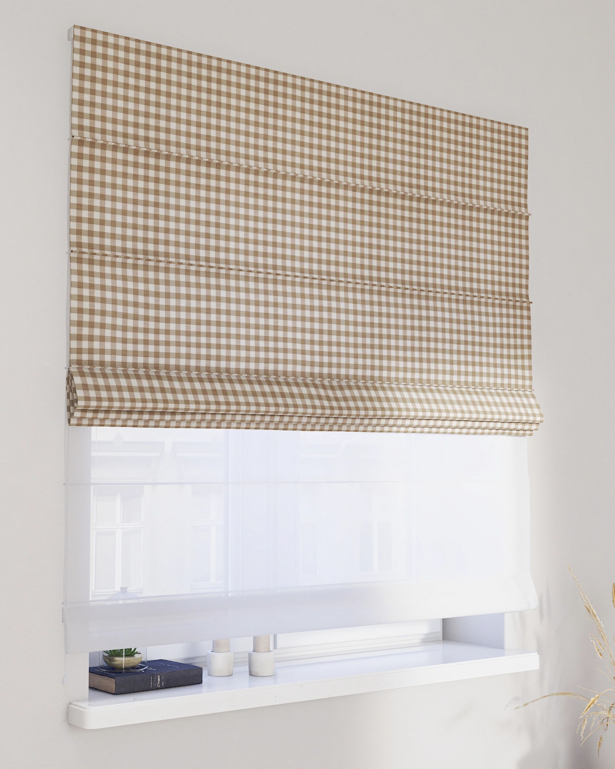 Double layered Roman blind DUO colour beige fabric patterned
