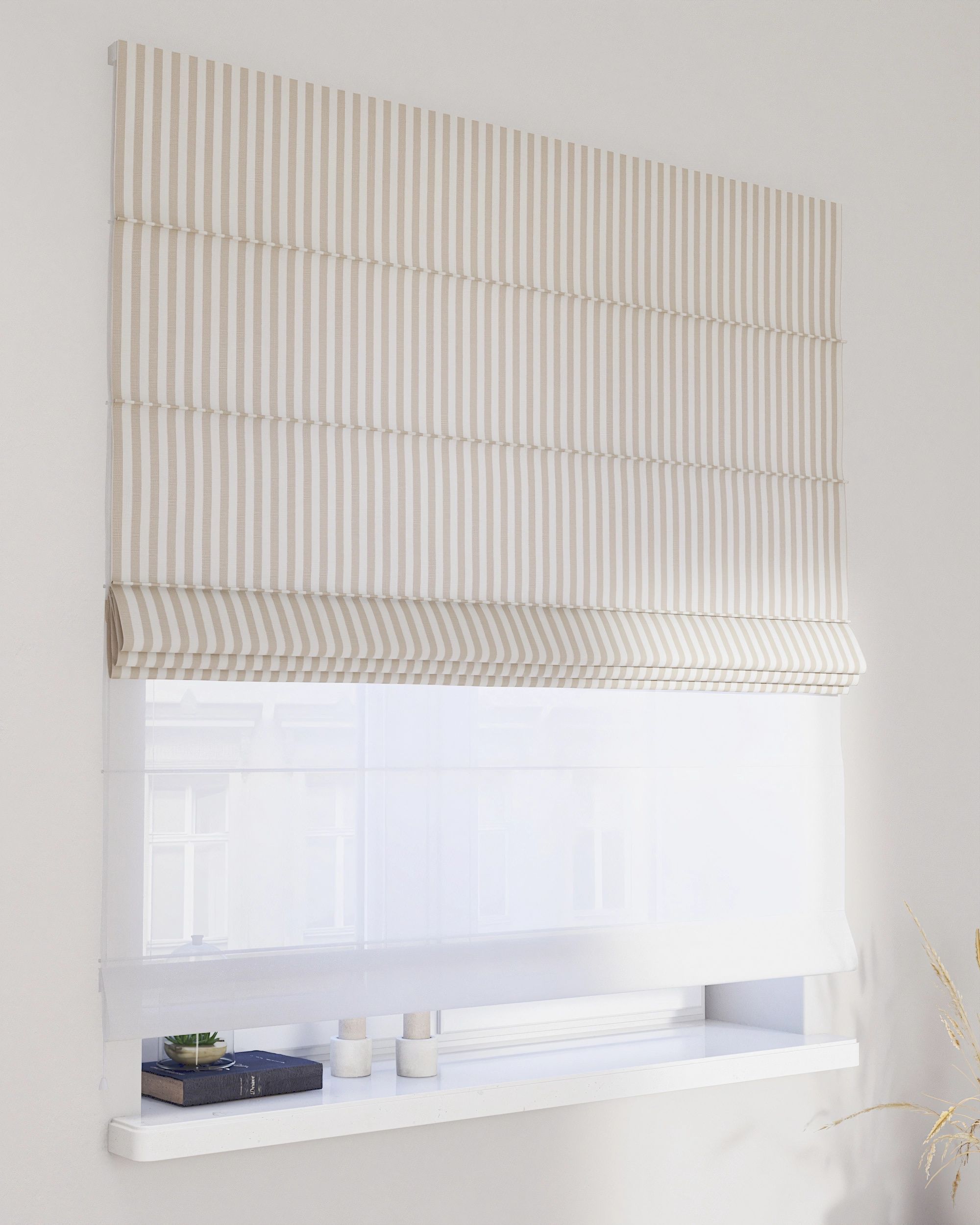 Double layered Roman blind DUO colour beige fabric patterned