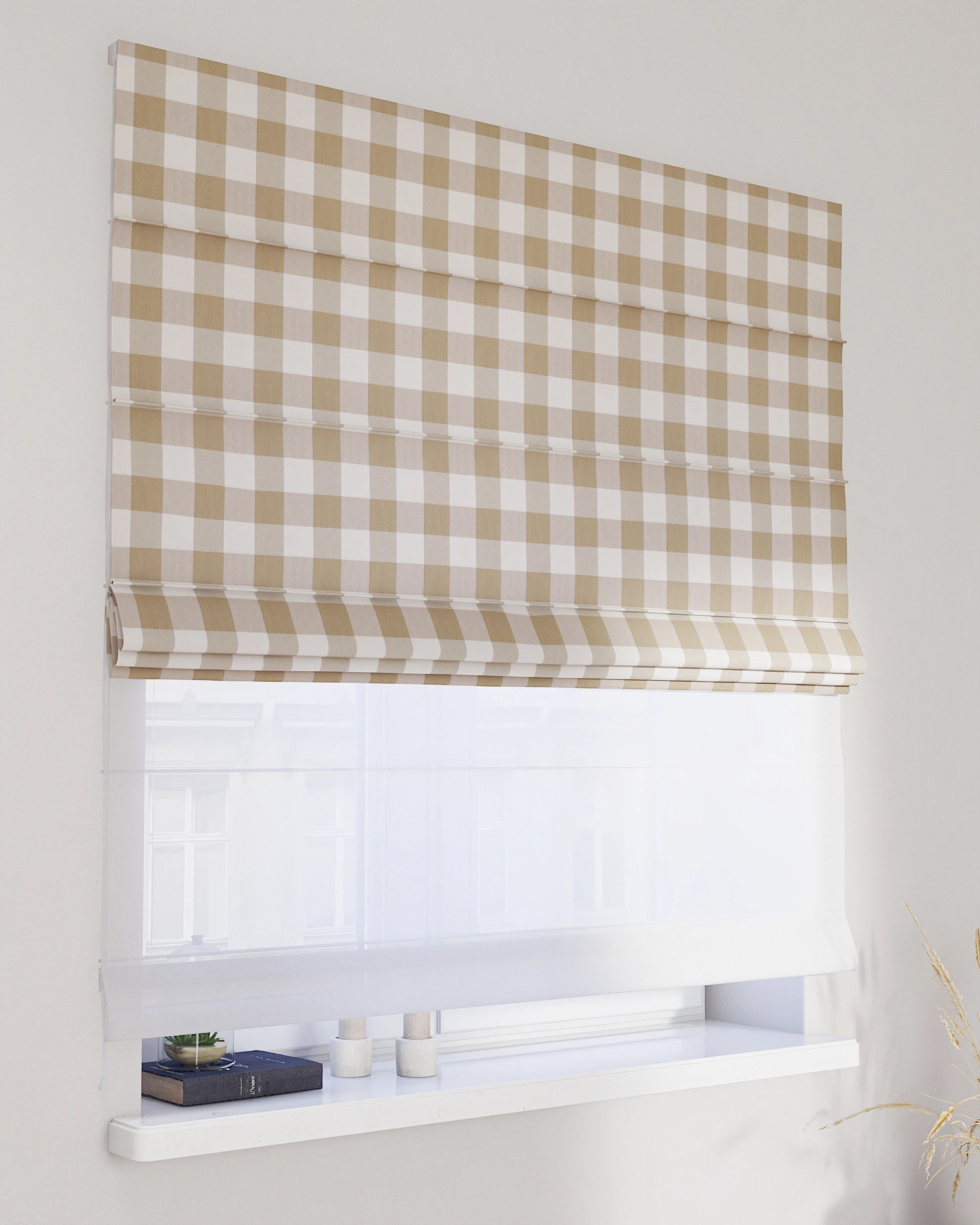 Double layered Roman blind DUO colour beige fabric patterned