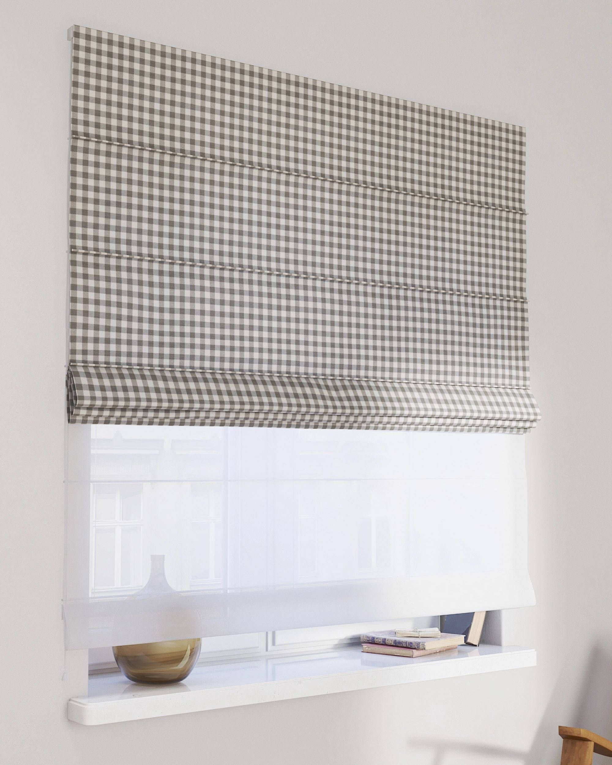 Double layered Roman blind DUO colour grey fabric patterned