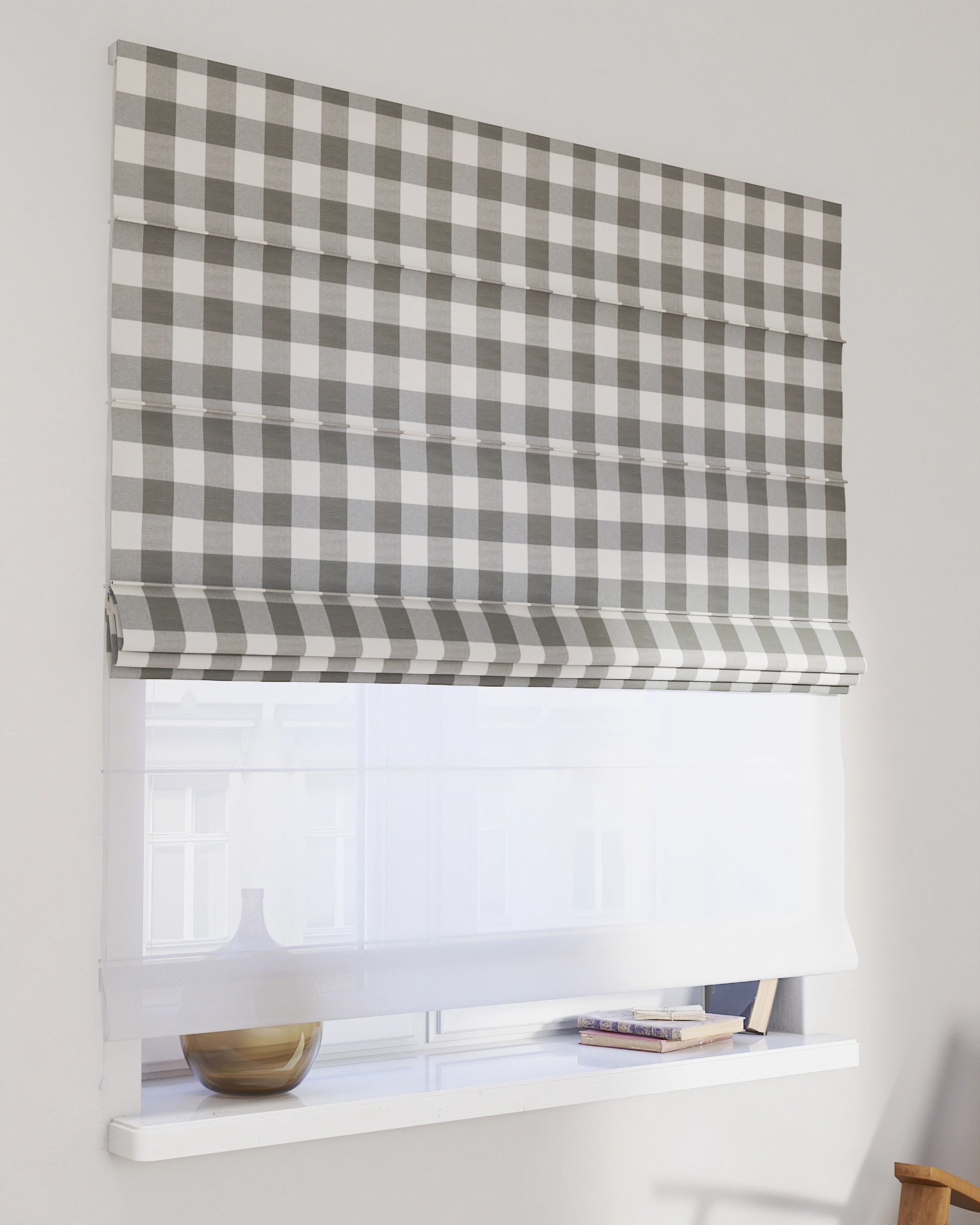 Double layered Roman blind DUO colour grey fabric patterned