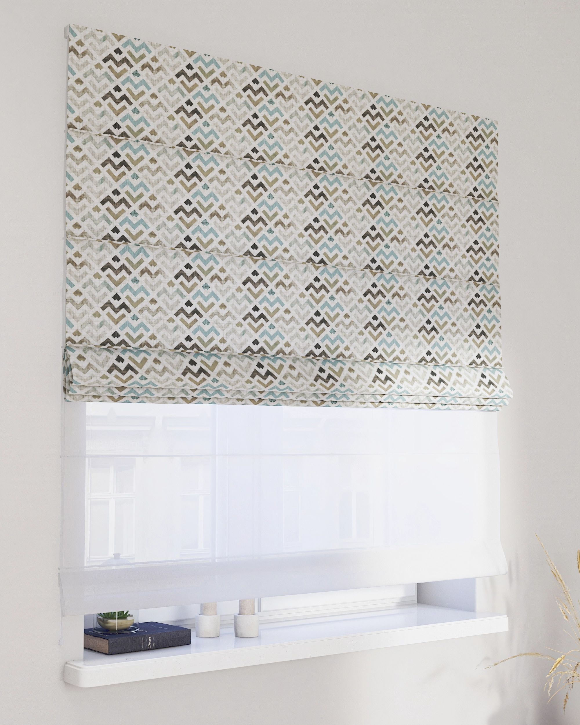 Double layered Roman blind DUO colour brown fabric patterned