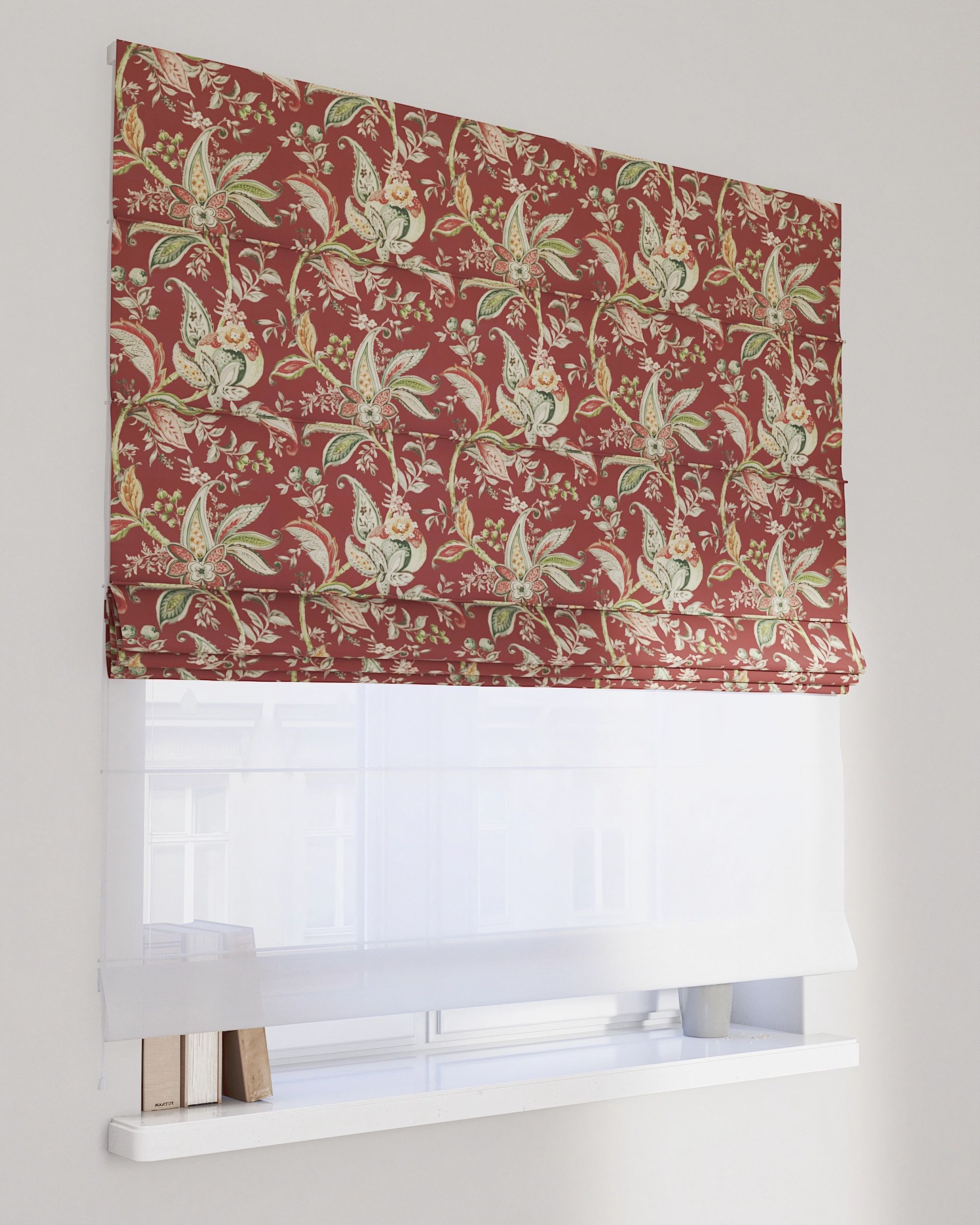 Double layered Roman blind DUO colour red fabric patterned