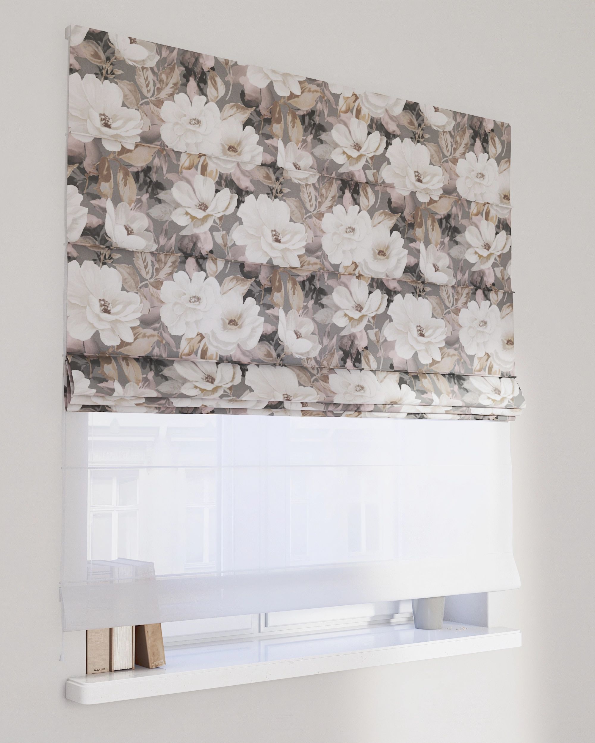 Double layered Roman blind DUO colour grey fabric patterned