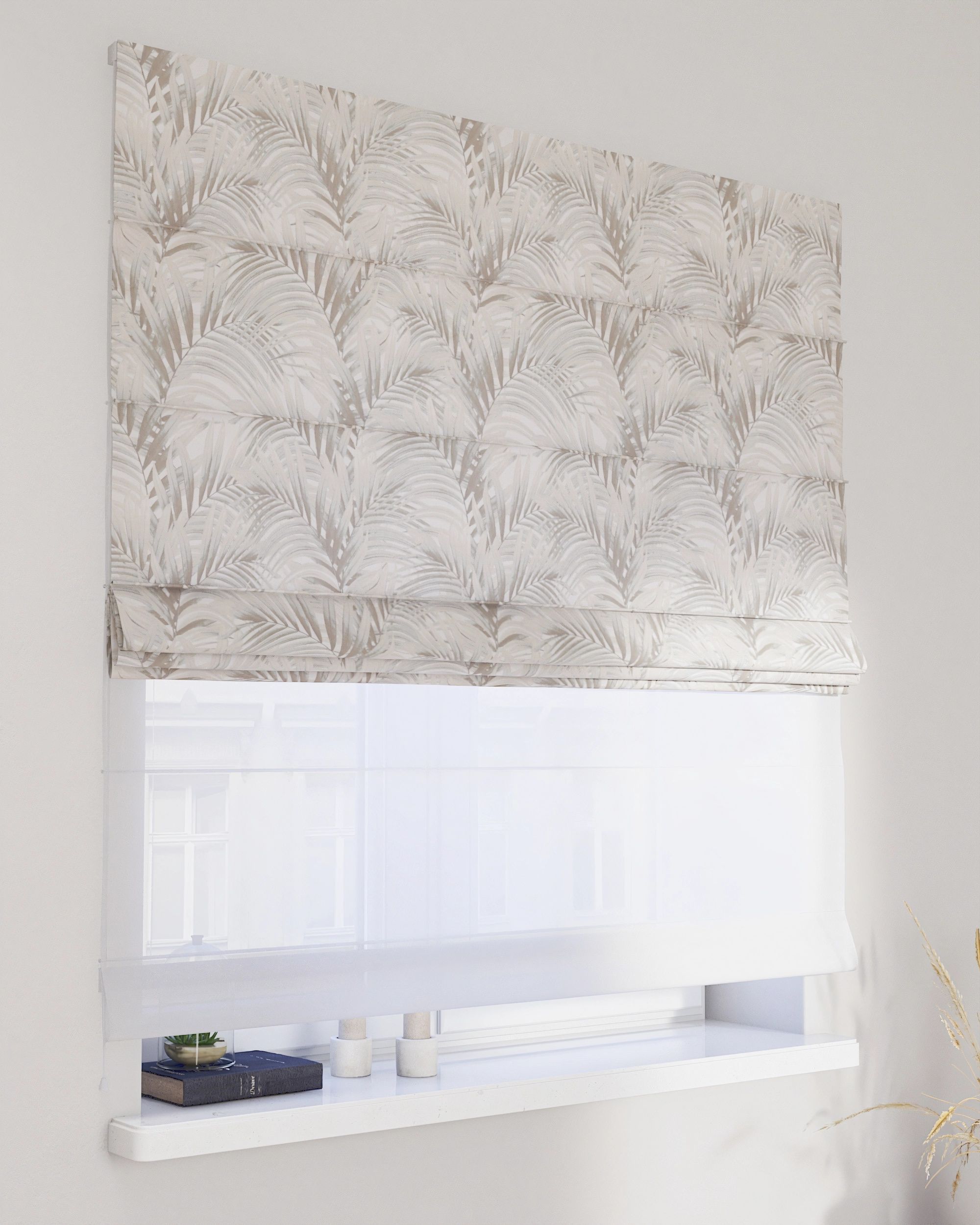 Double layered Roman blind DUO colour beige fabric patterned