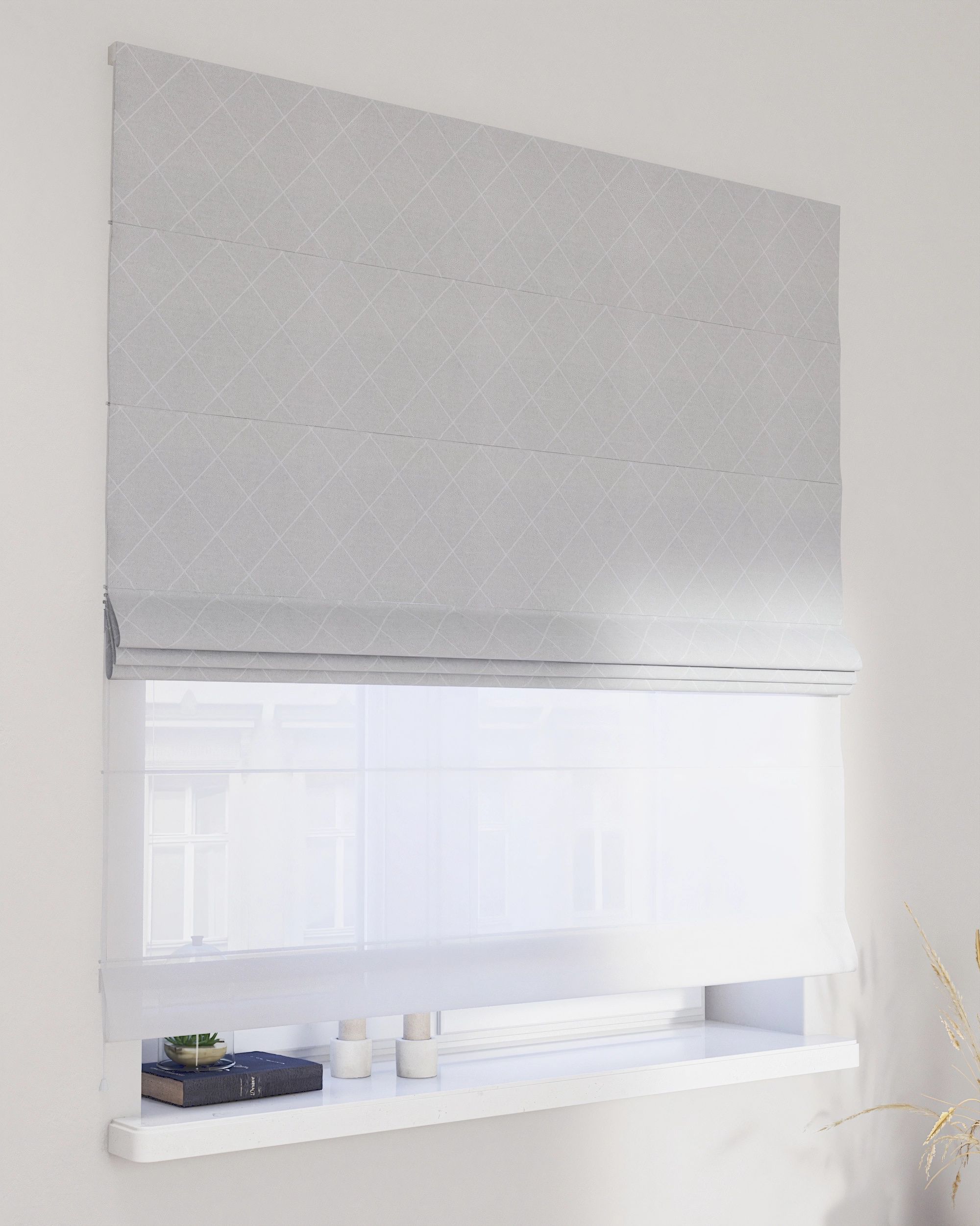 Double layered Roman blind DUO colour grey fabric structured, patterned