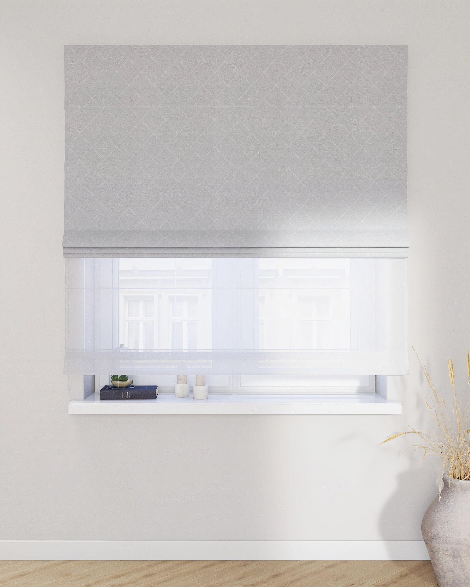 Double layered Roman blind DUO colour grey fabric structured, patterned (hover)