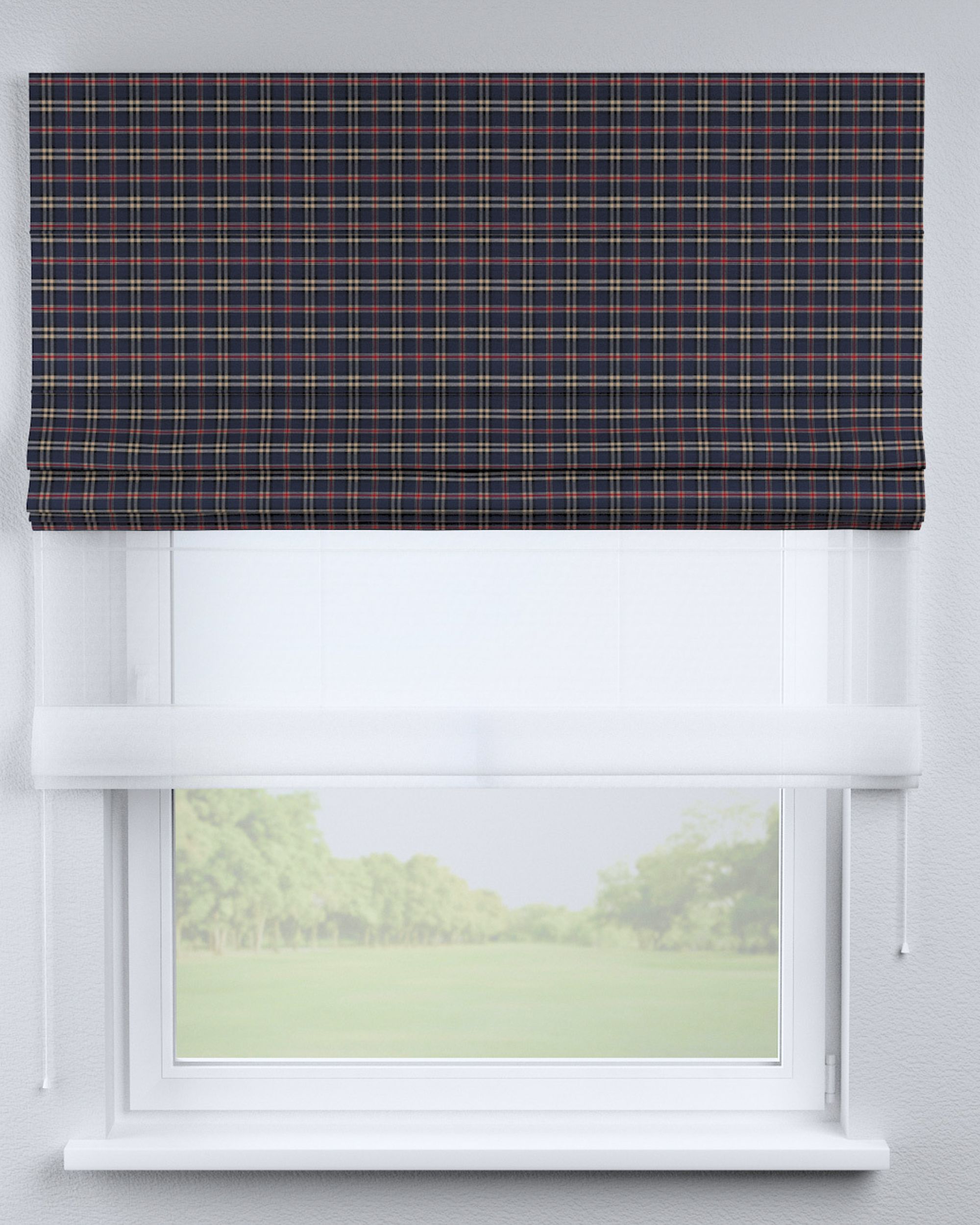 Double layered Roman blind DUO colour navy blue fabric patterned