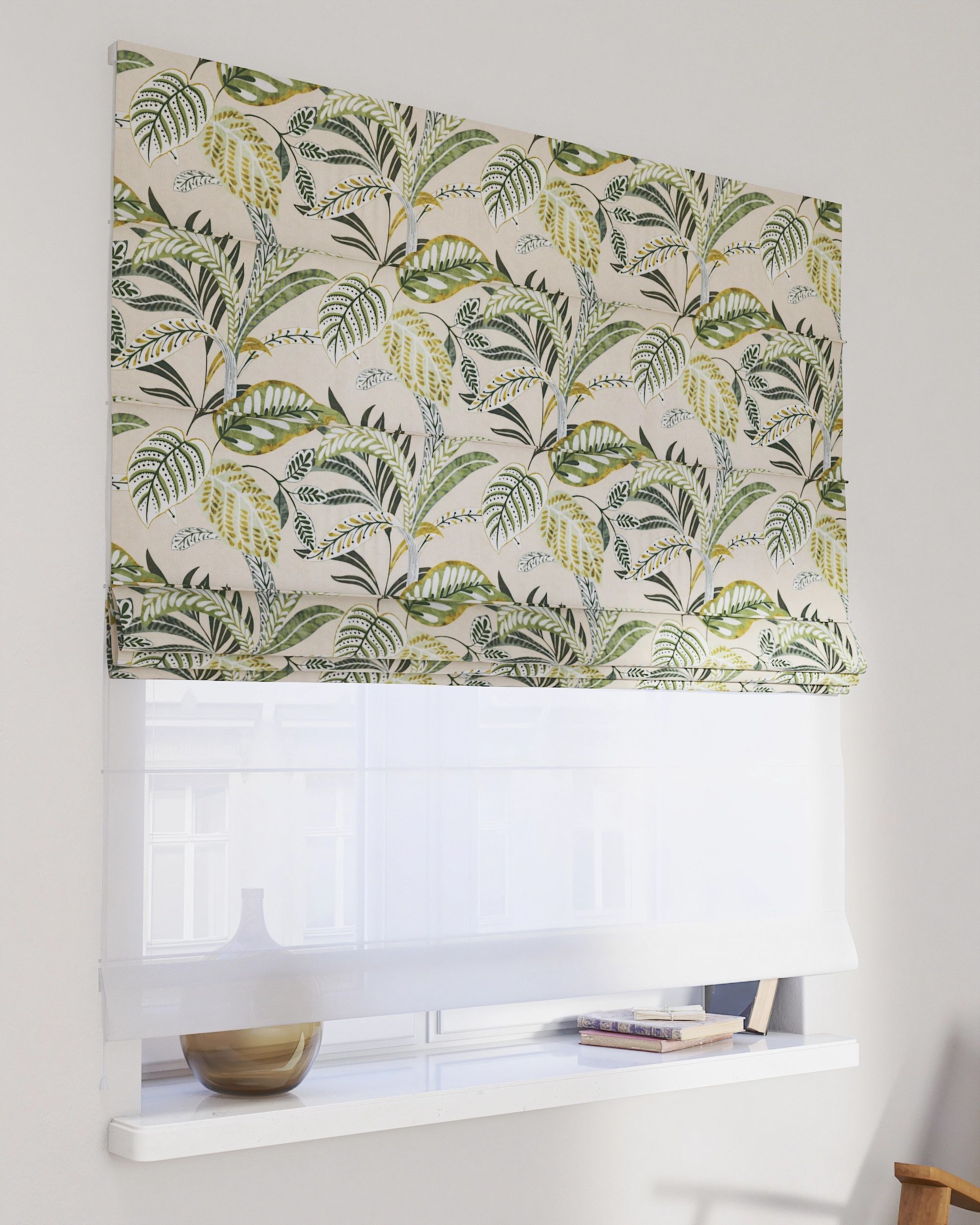 Double layered Roman blind DUO colour green fabric patterned