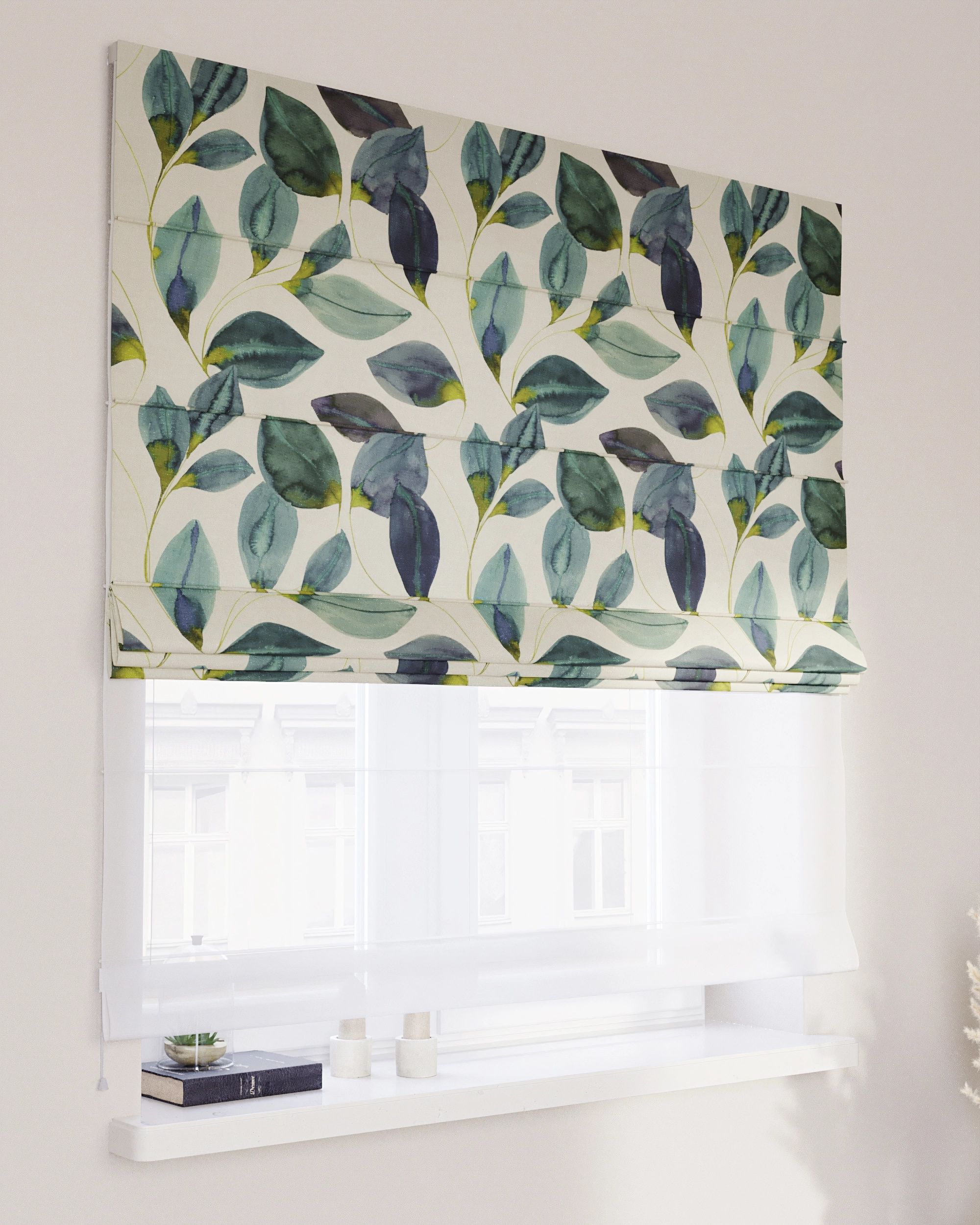 Double layered Roman blind DUO colour green fabric patterned