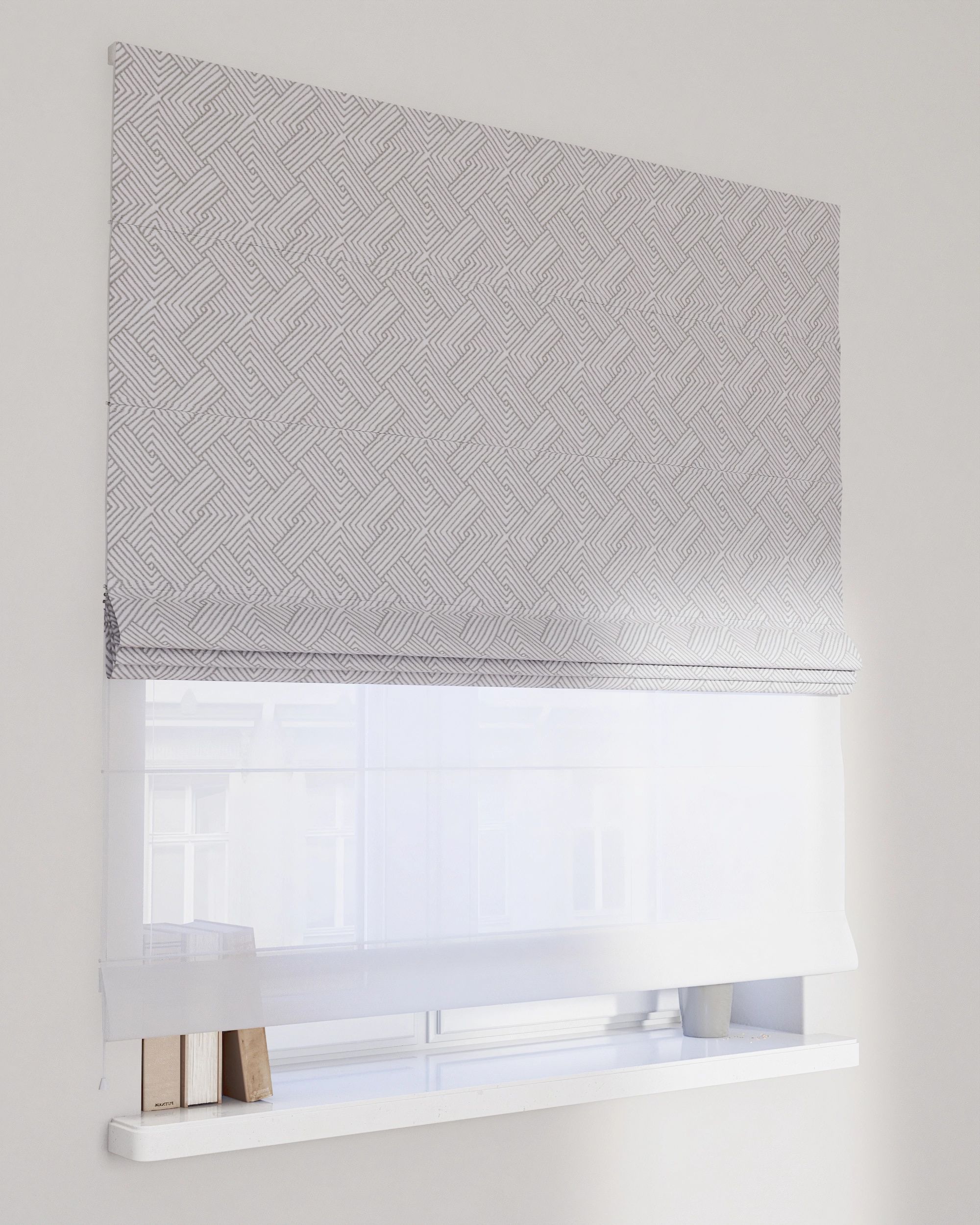 Double layered Roman blind DUO colour silver fabric structured, patterned