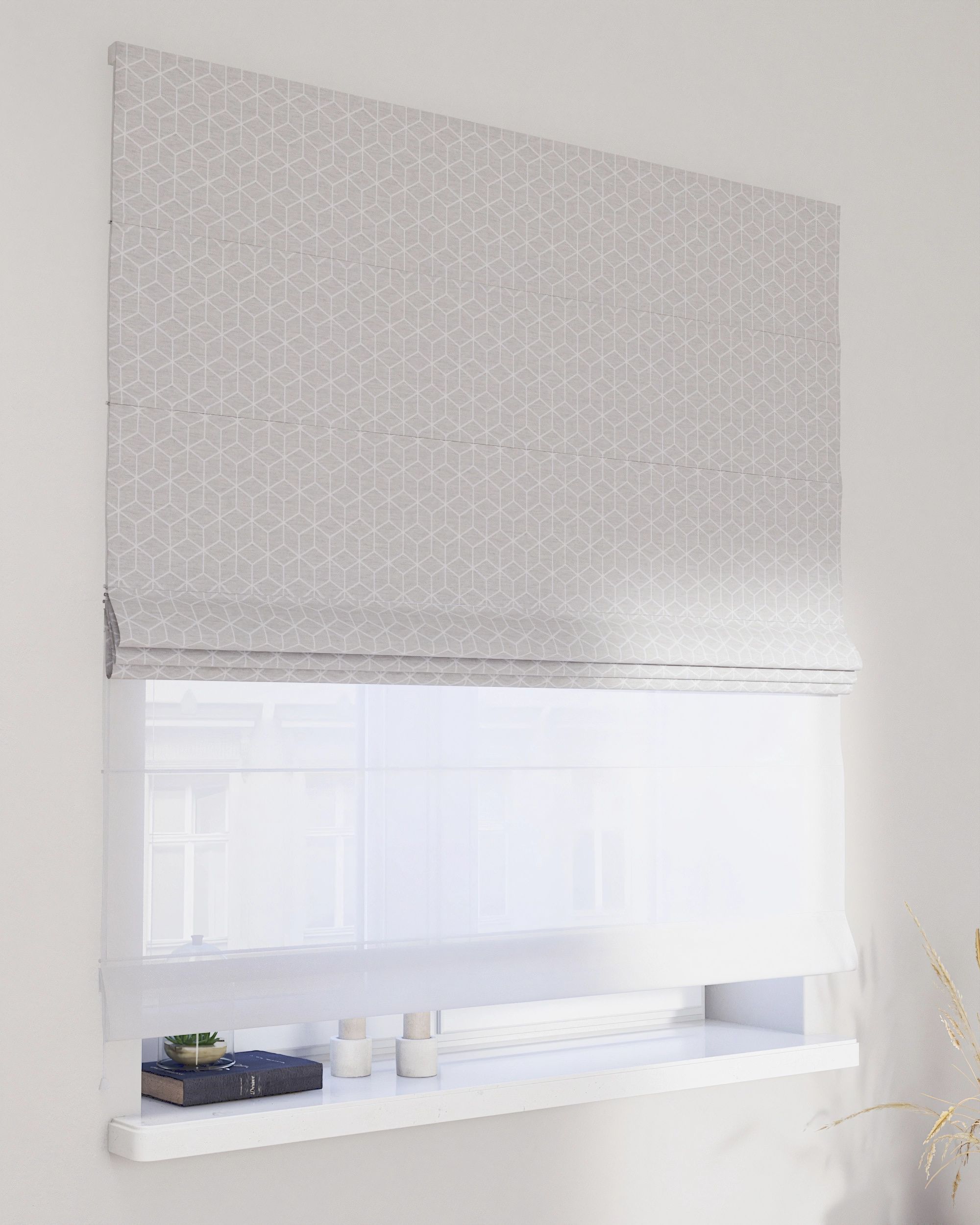 Double layered Roman blind DUO colour grey fabric structured, patterned