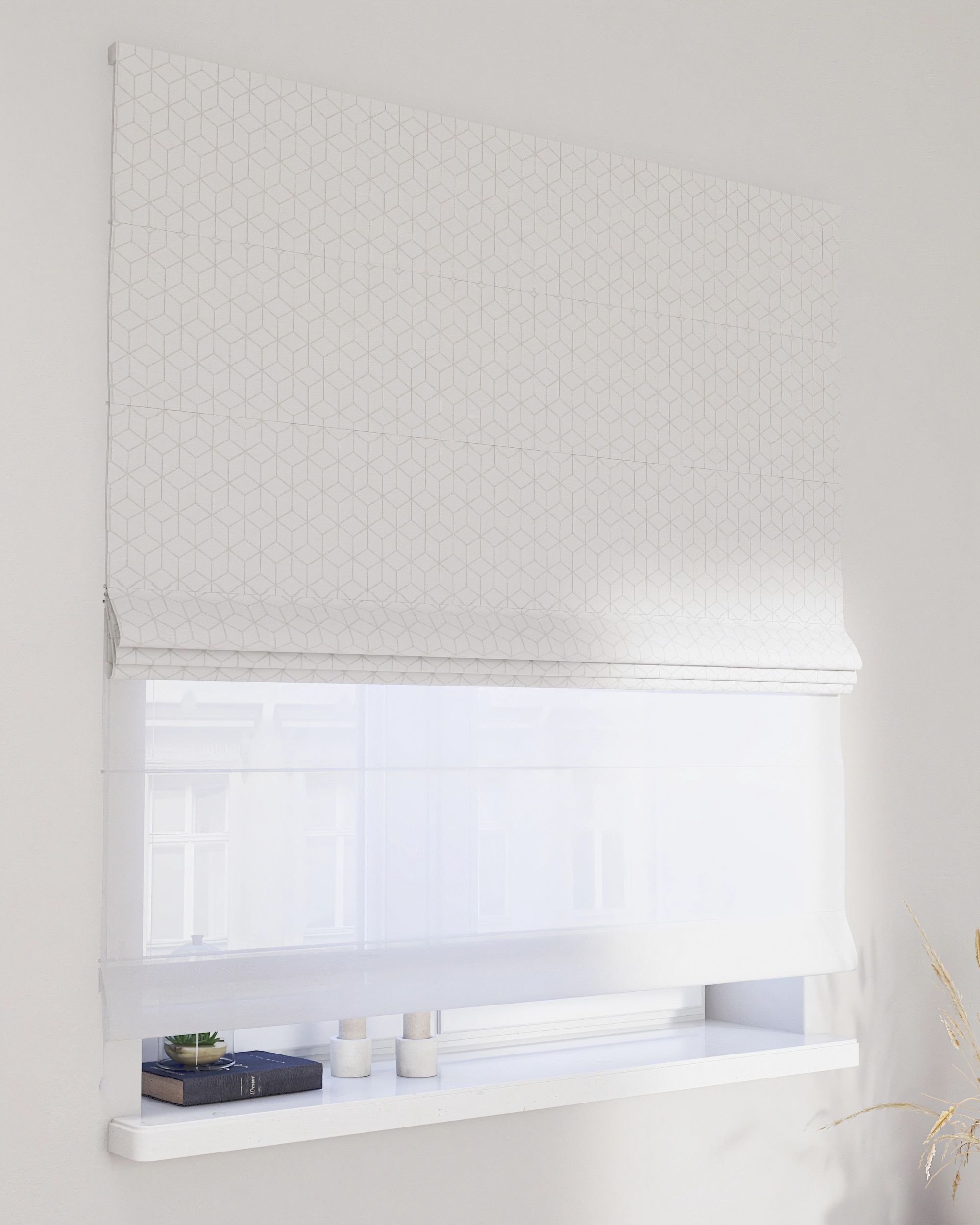 Double layered Roman blind DUO colour white fabric structured, patterned