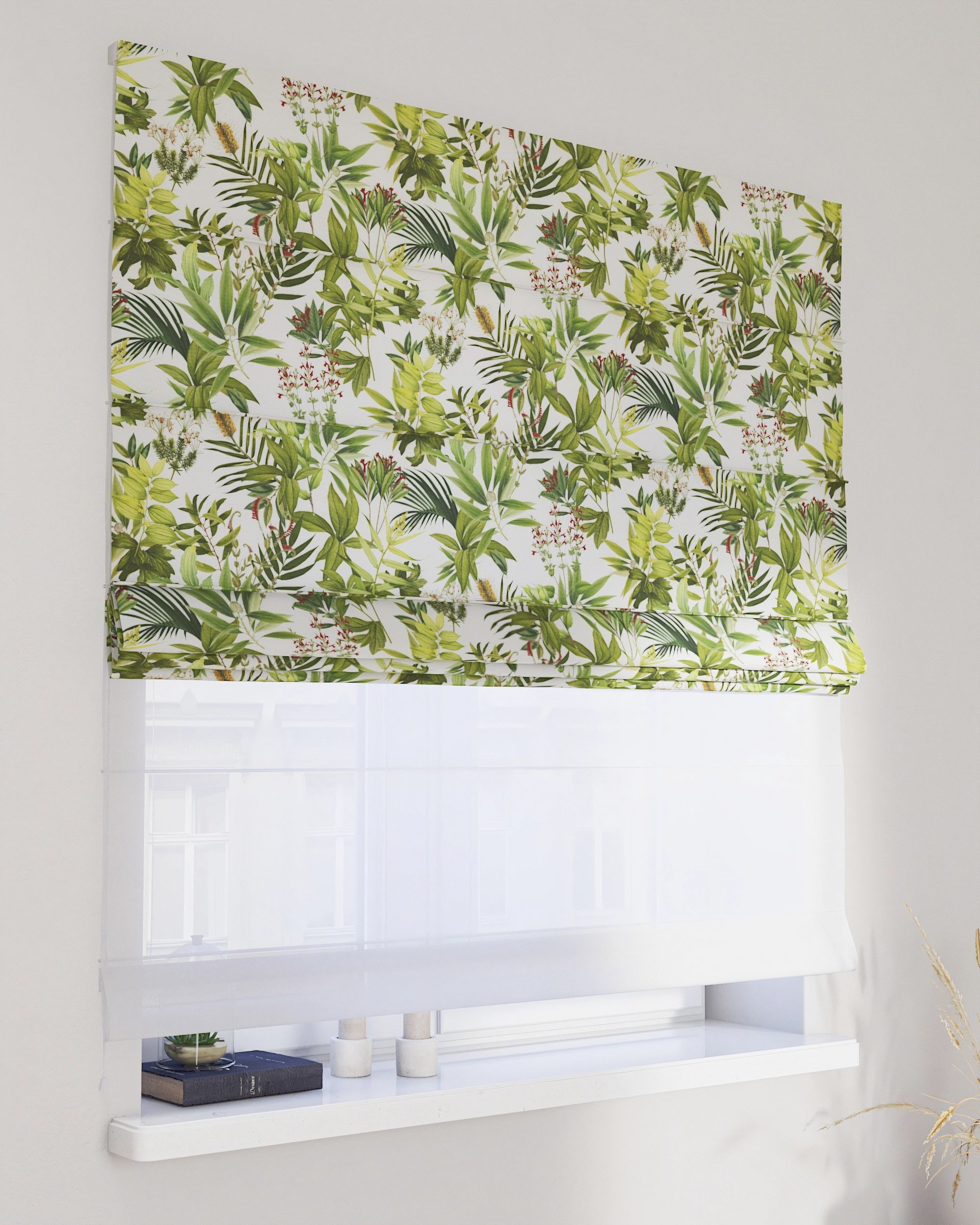 Double layered Roman blind DUO colour green fabric patterned