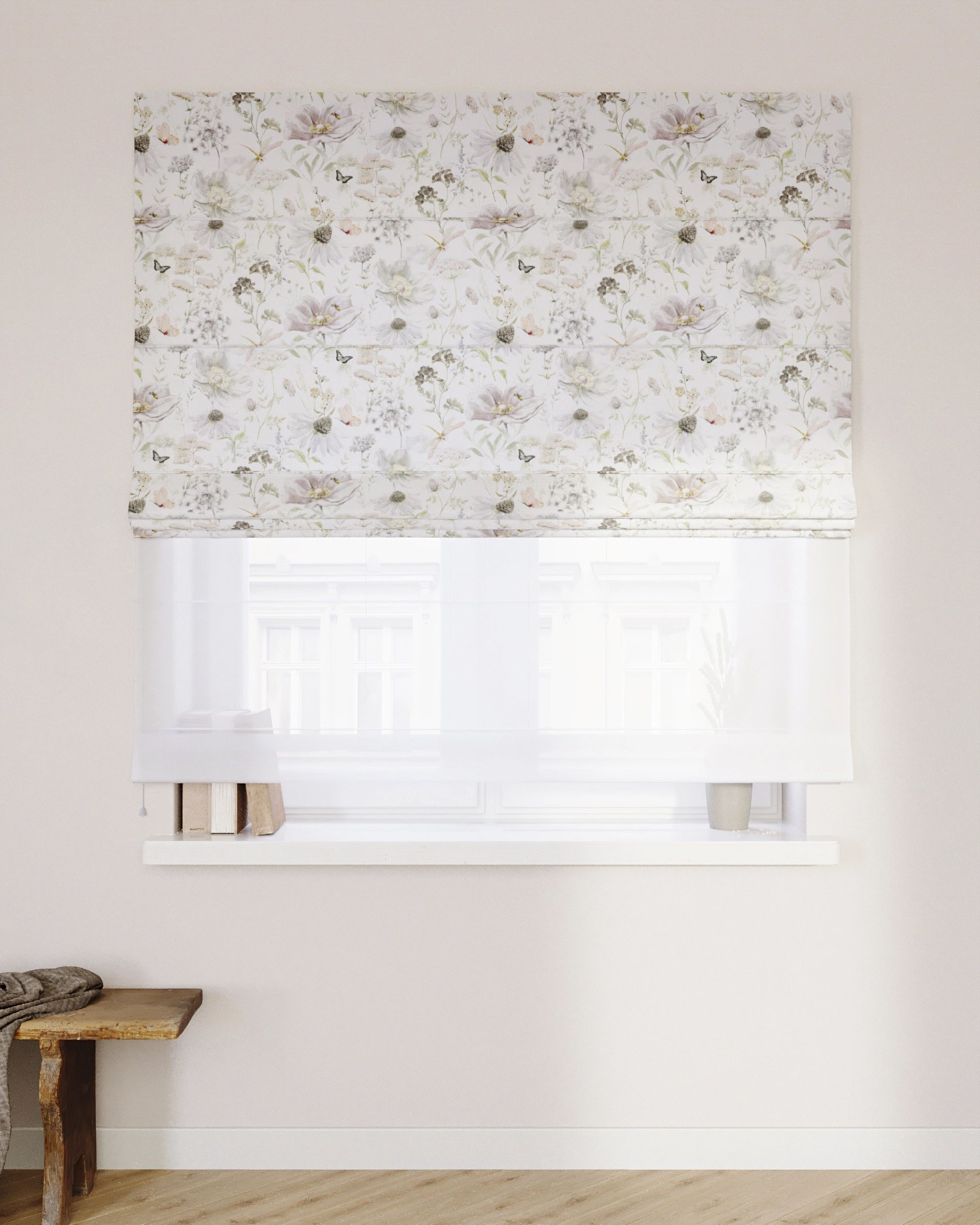 Double layered Roman blind DUO colour white fabric patterned (hover)
