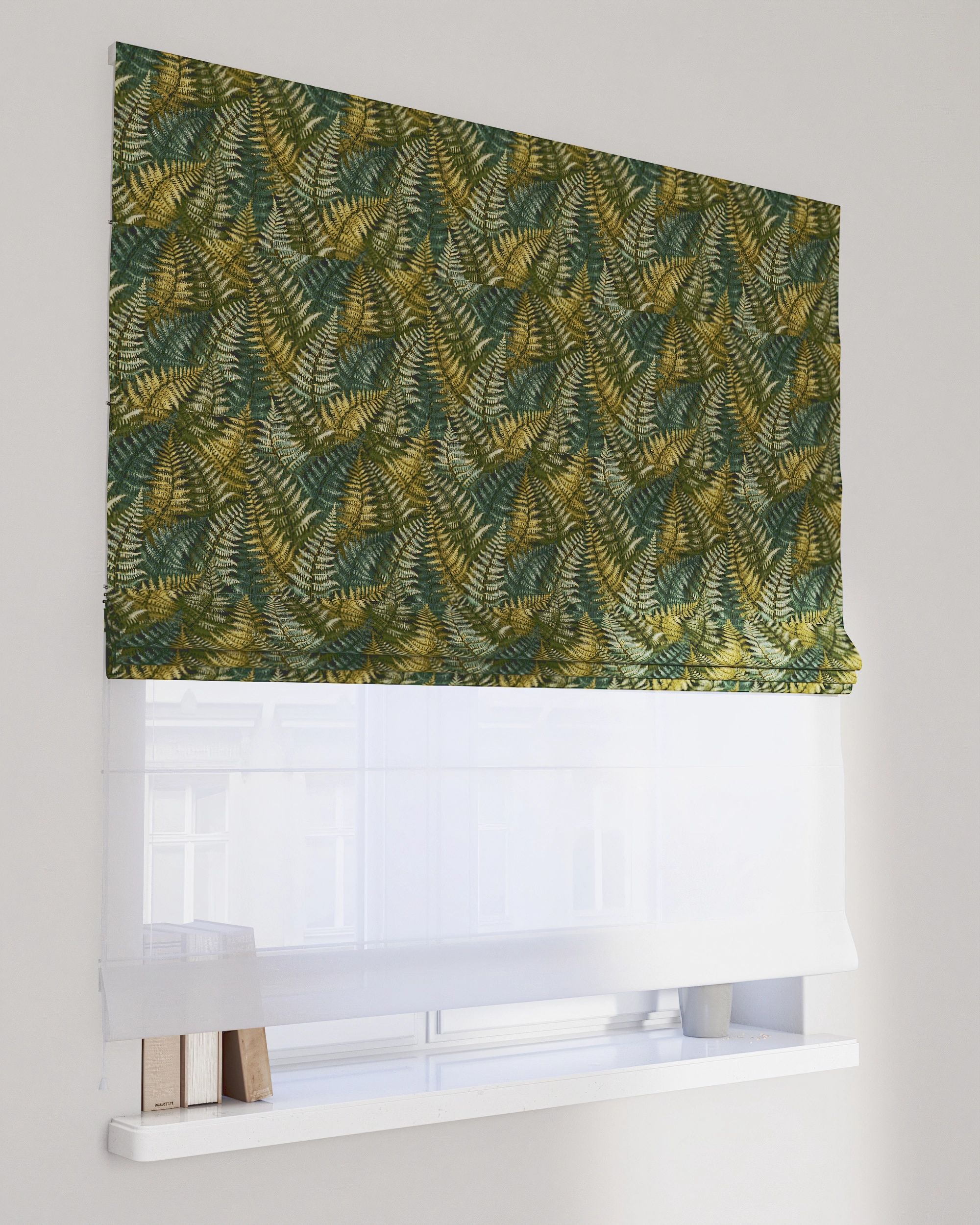Double layered Roman blind DUO colour green fabric structured, patterned