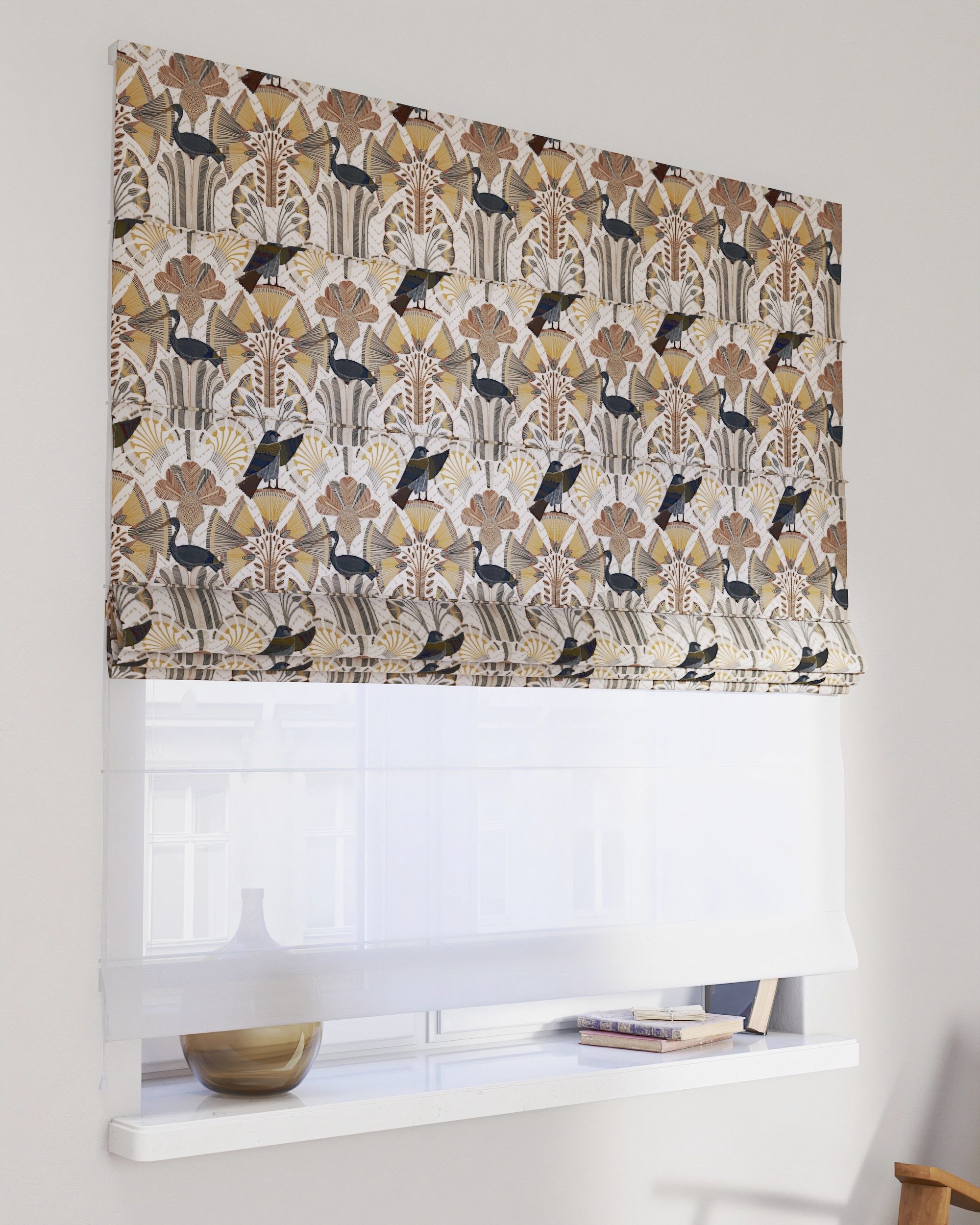 Double layered Roman blind DUO colour brown fabric patterned