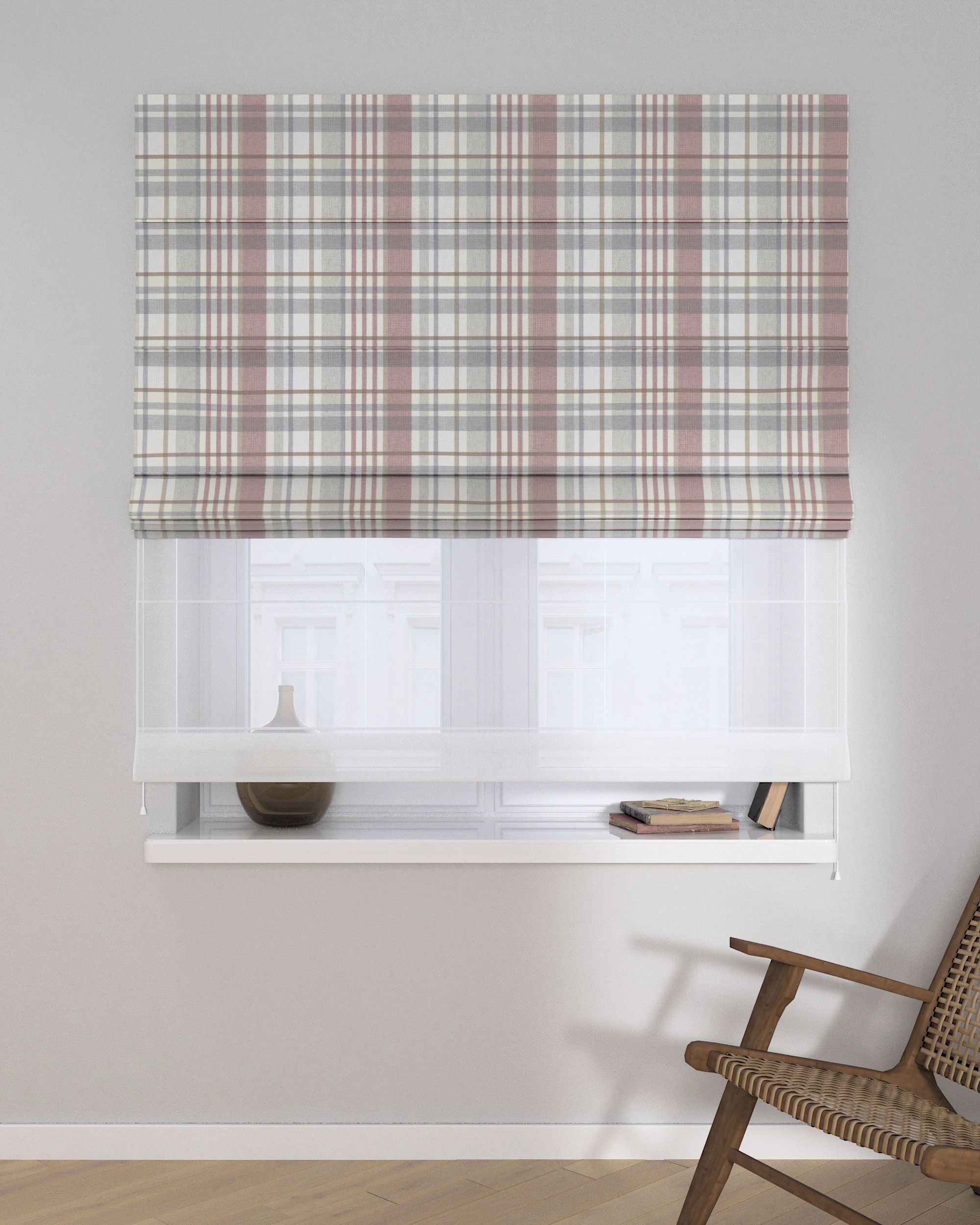 Double layered Roman blind DUO colour grey fabric patterned